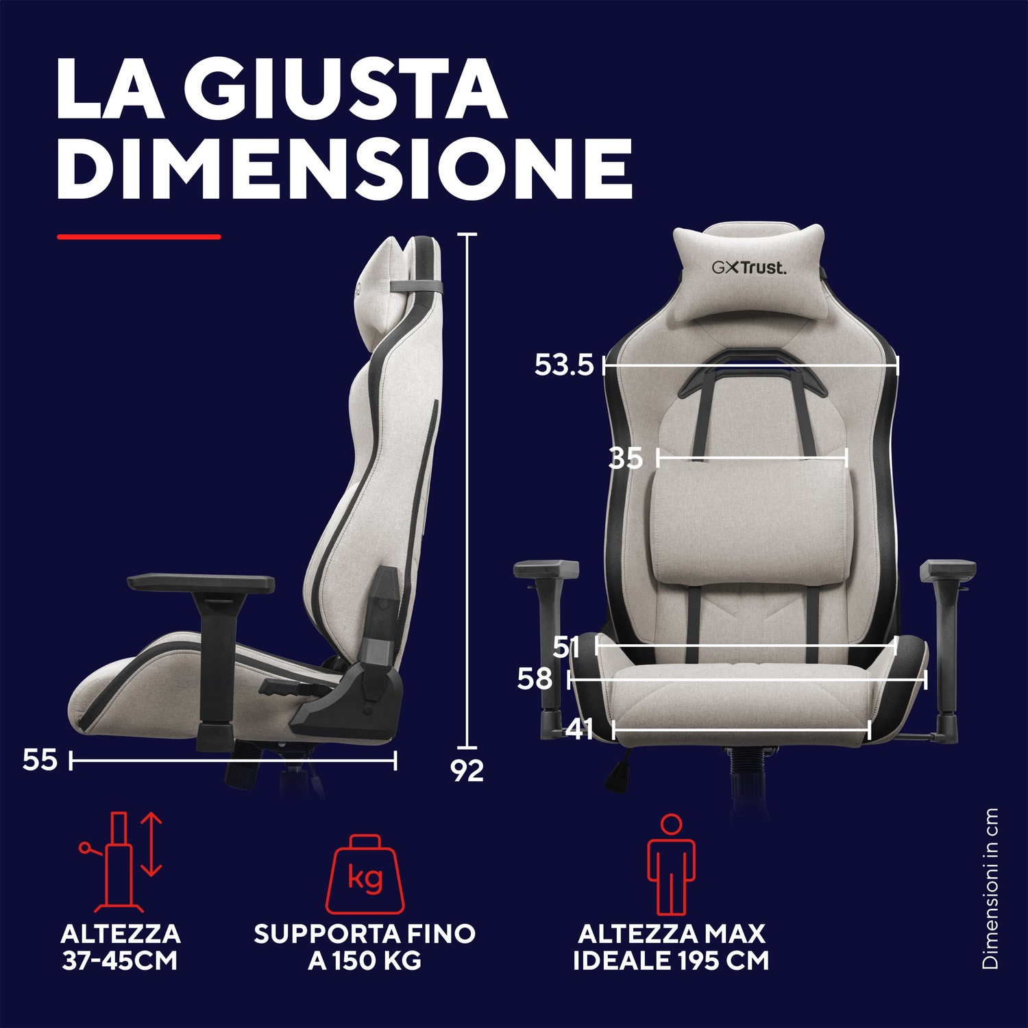 Una sedia da gaming con dimensioni, altezza e capacità di peso. Misure in cm. La sedia è beige e nera.