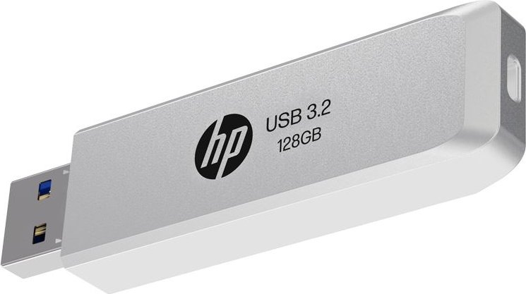Silberner und weißer HP USB 3.2-Flash-Laufwerk. Mit HP-Logo, USB 3.2 und 128GB-Markierungen.