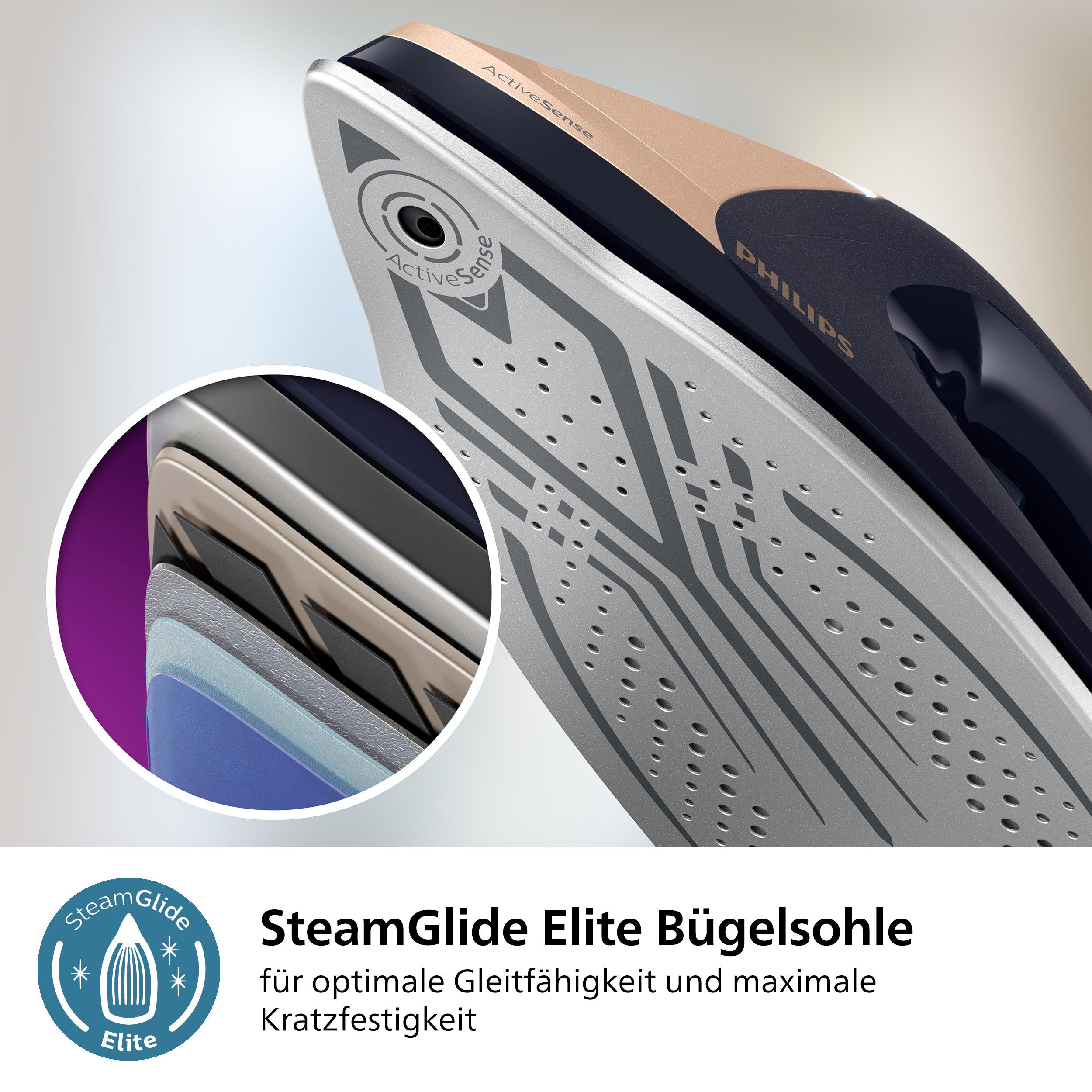 Nahaufnahme eines Philips-Bügeleisens mit silbernem und schwarzem Design, hervorgehobener Sohle und 'ActiveSense'-Detail.