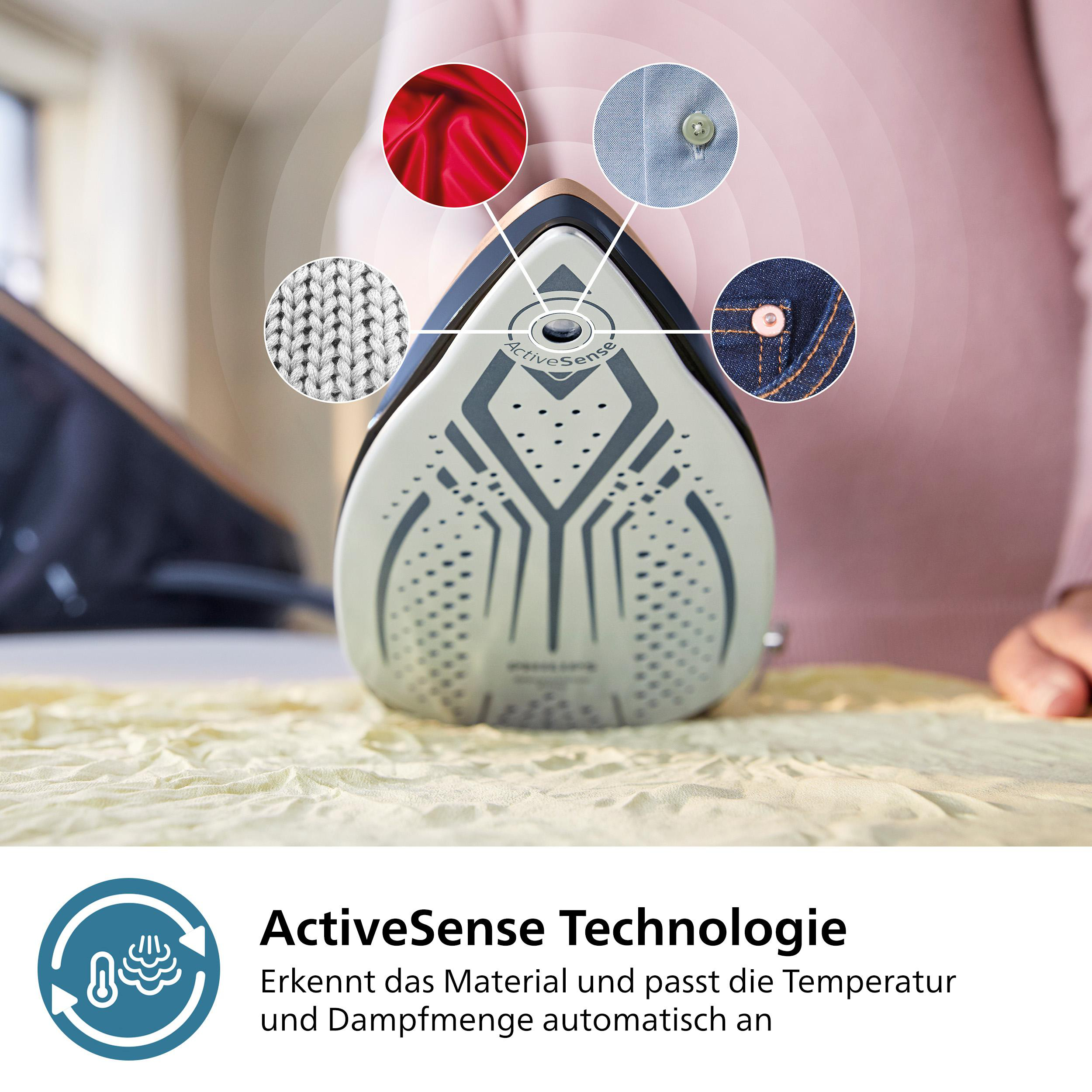 Ein Bügeleisen mit ActiveSense-Technologie. Nahaufnahmen zeigen Stoffproben: roter Seide, blauem Hemd, Denim. Das Eisen liegt auf gelbem Stoff.