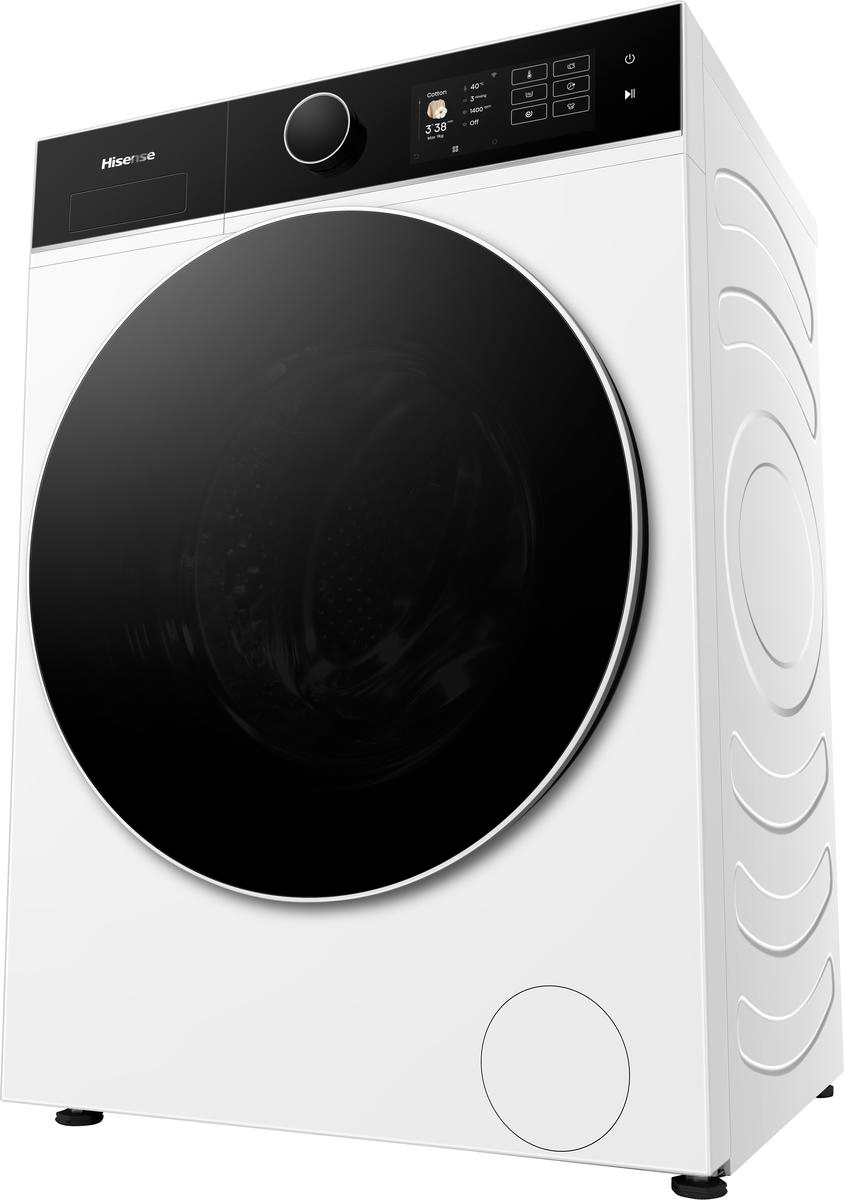 Eine weiße Hisense-Waschmaschine mit schwarzer Tür. Sie hat ein digitales Display. Die rechte Seite hat geschwungene Linien.