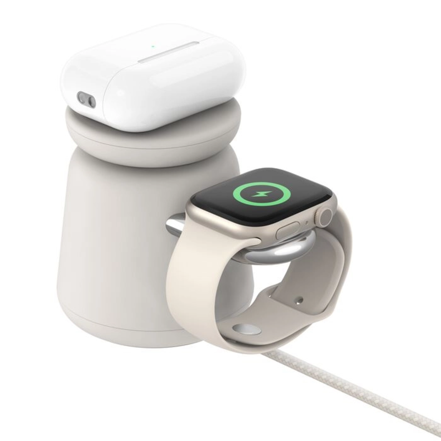 White charging station with AirPods, Apple Watch charging. Watch screen shows charging symbol. White cable.