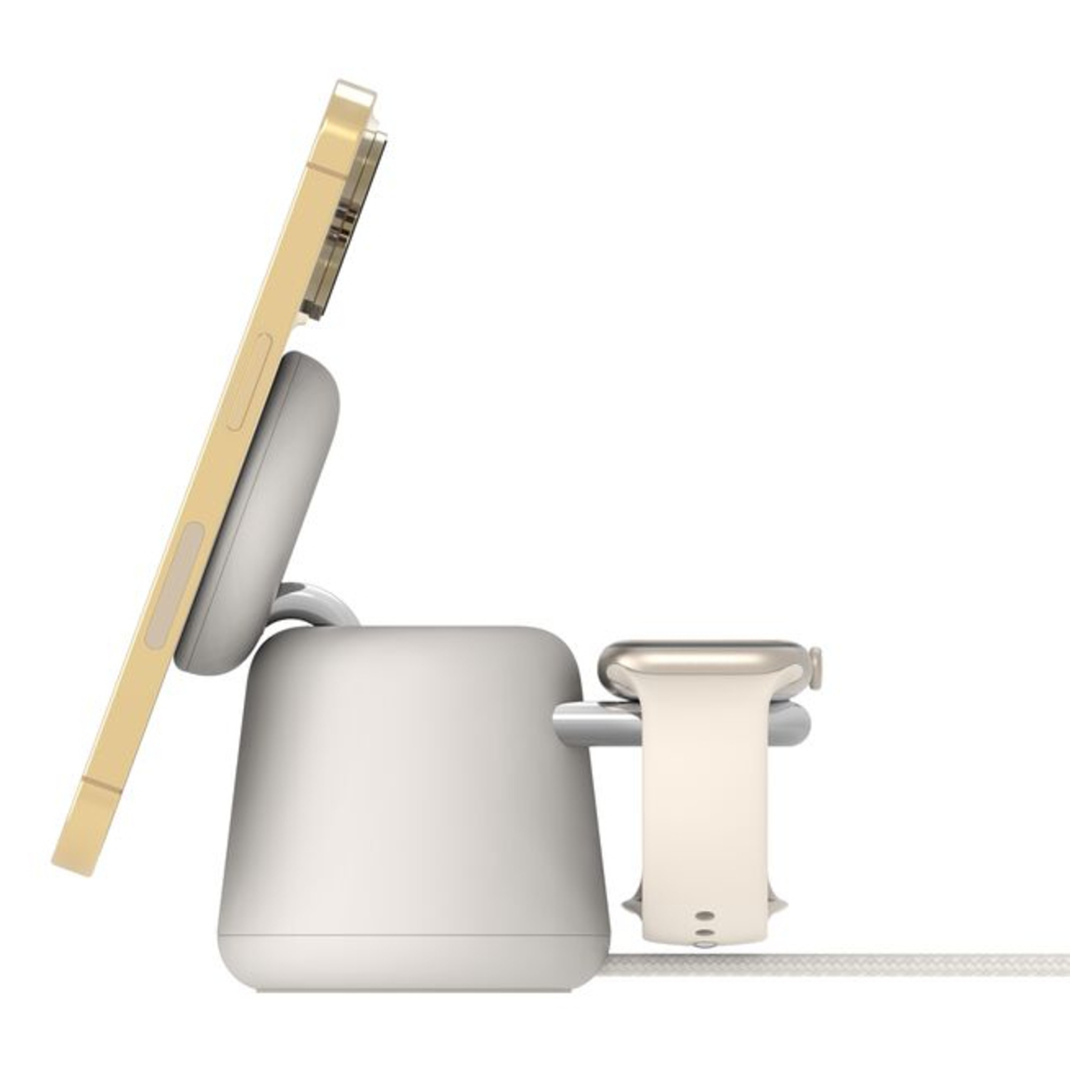 A phone and a smartwatch are on a white charging stand. The phone is gold, the watch is silver and has a white strap.