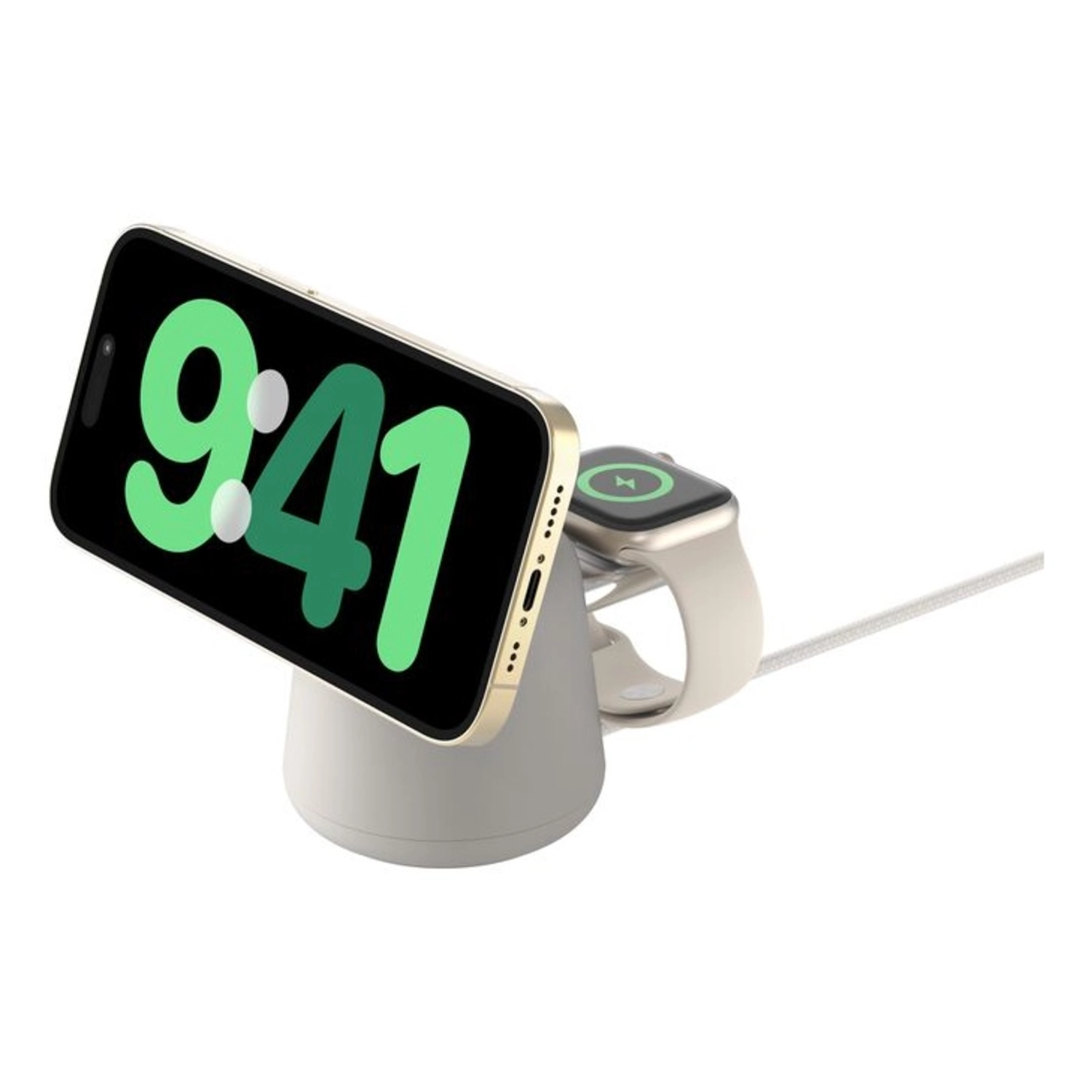 A gold phone displaying 9:41 is on a white charging stand. An Apple Watch is also on the stand.