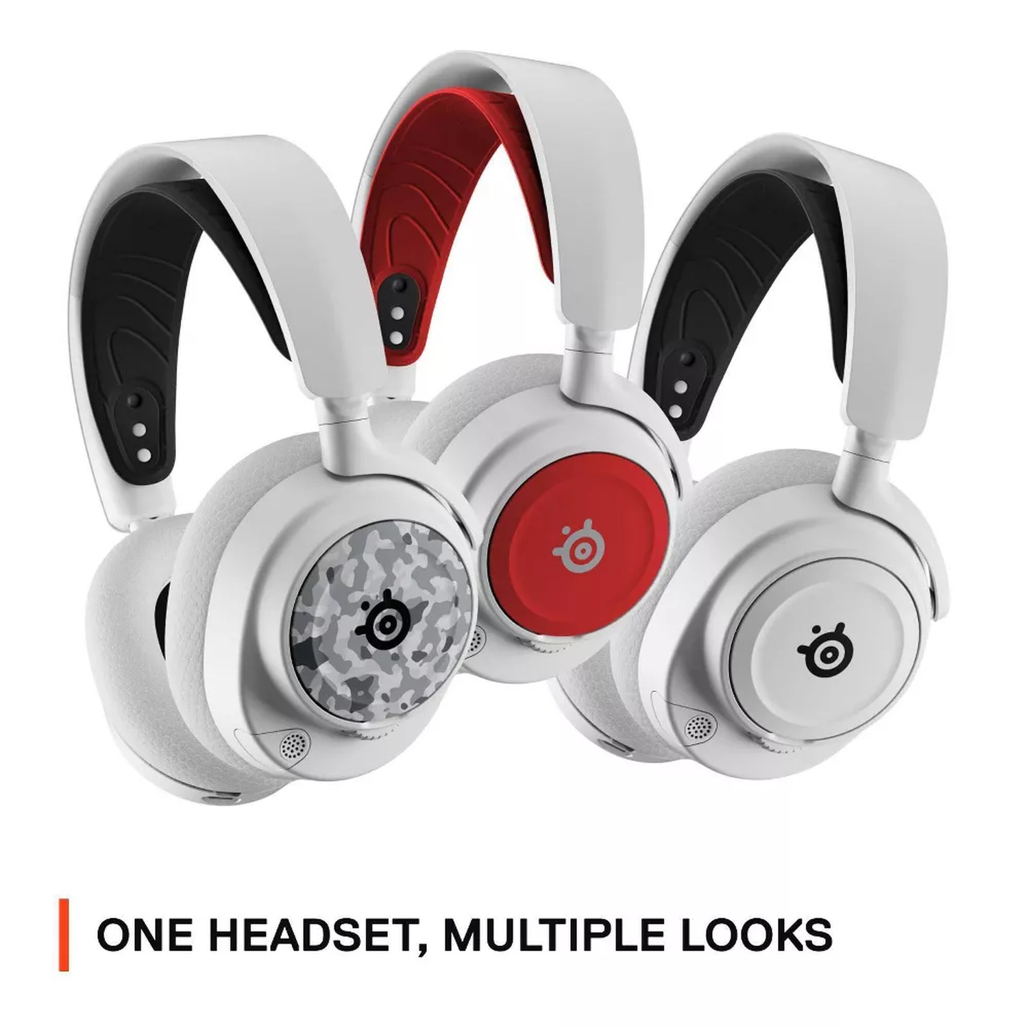Three white and black headphones with different ear cup designs and red or black accents. Text below says 'ONE HEADSET, MULTIPLE LOOKS'.