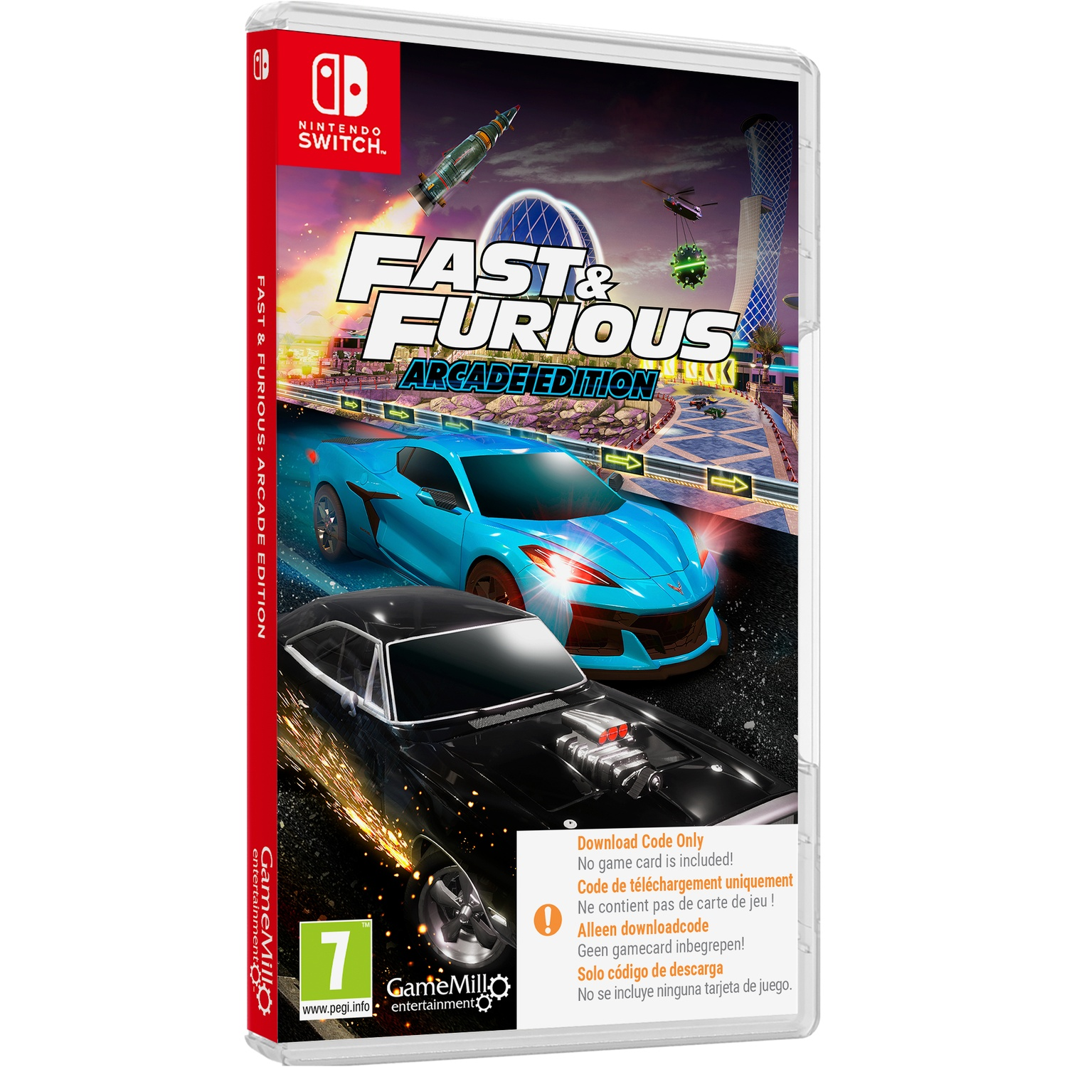 Gamebox art voor Fast & Furious Arcade Edition. Toont twee auto's die racen op een circuit, met een stadsachtergrond en de titel.