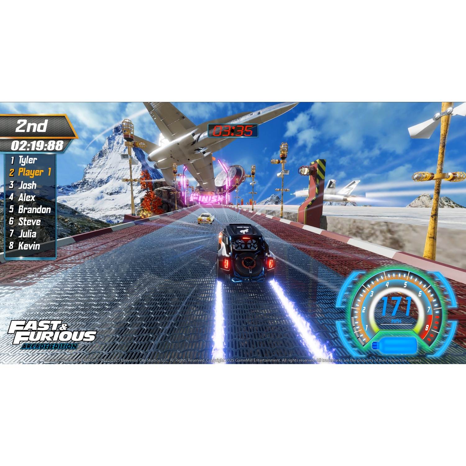 Een raceauto scheurt over een baan met een besneeuwde berg op de achtergrond. De snelheidsmeter toont 171 mph. De game is Fast & Furious.