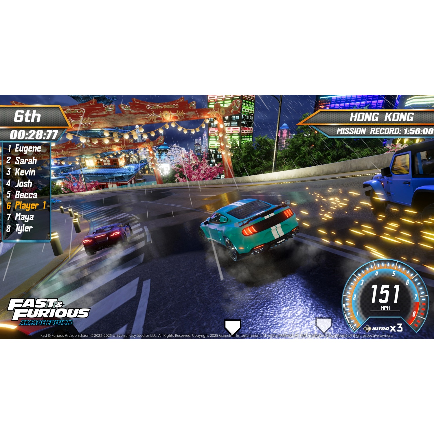 Een racegamescherm toont auto's die racen in Hong Kong. Een blauwe auto staat op de voorgrond, met een snelheid van 151 mph rechts.