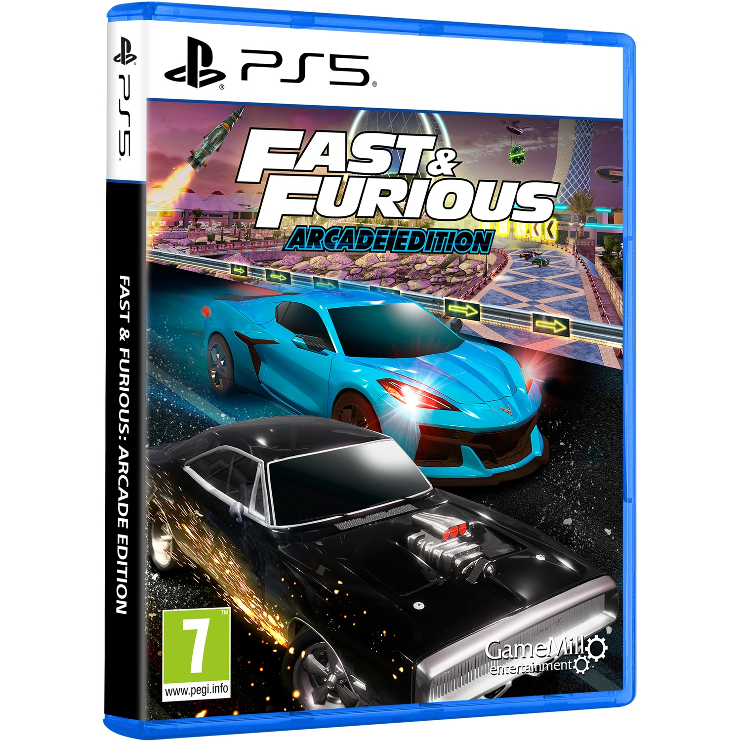 Jaquette de jeu PS5. Fast & Furious: Arcade Edition. Montre une voiture bleue et noire sur une piste. Bâtiments en arrière-plan.
