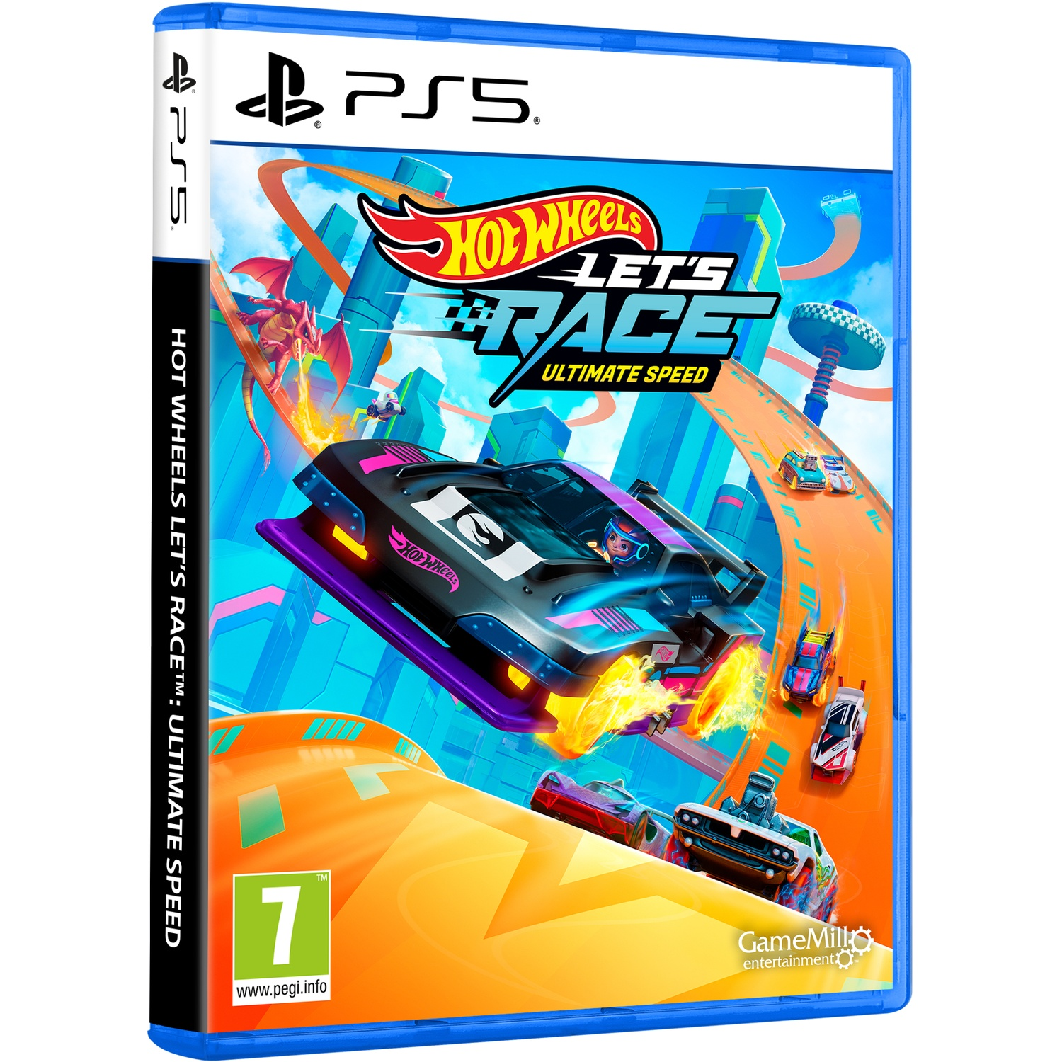 Boîtier du jeu Hot Wheels Let's Race. Voitures sur une piste avec un dragon et un fond futuriste. Logo PS5 présent.