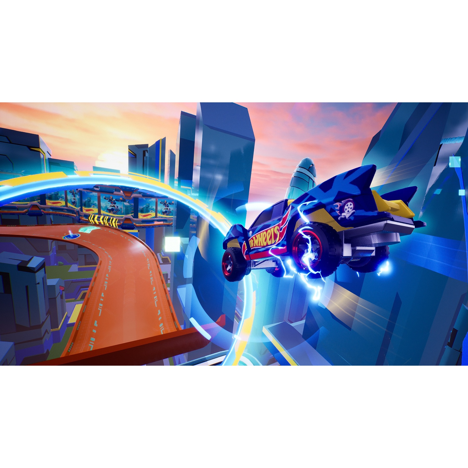 Une voiture Hot Wheels en l'air sur une piste, entourée d'énergie bleue et de bâtiments futuristes, sur fond de ciel au coucher du soleil.