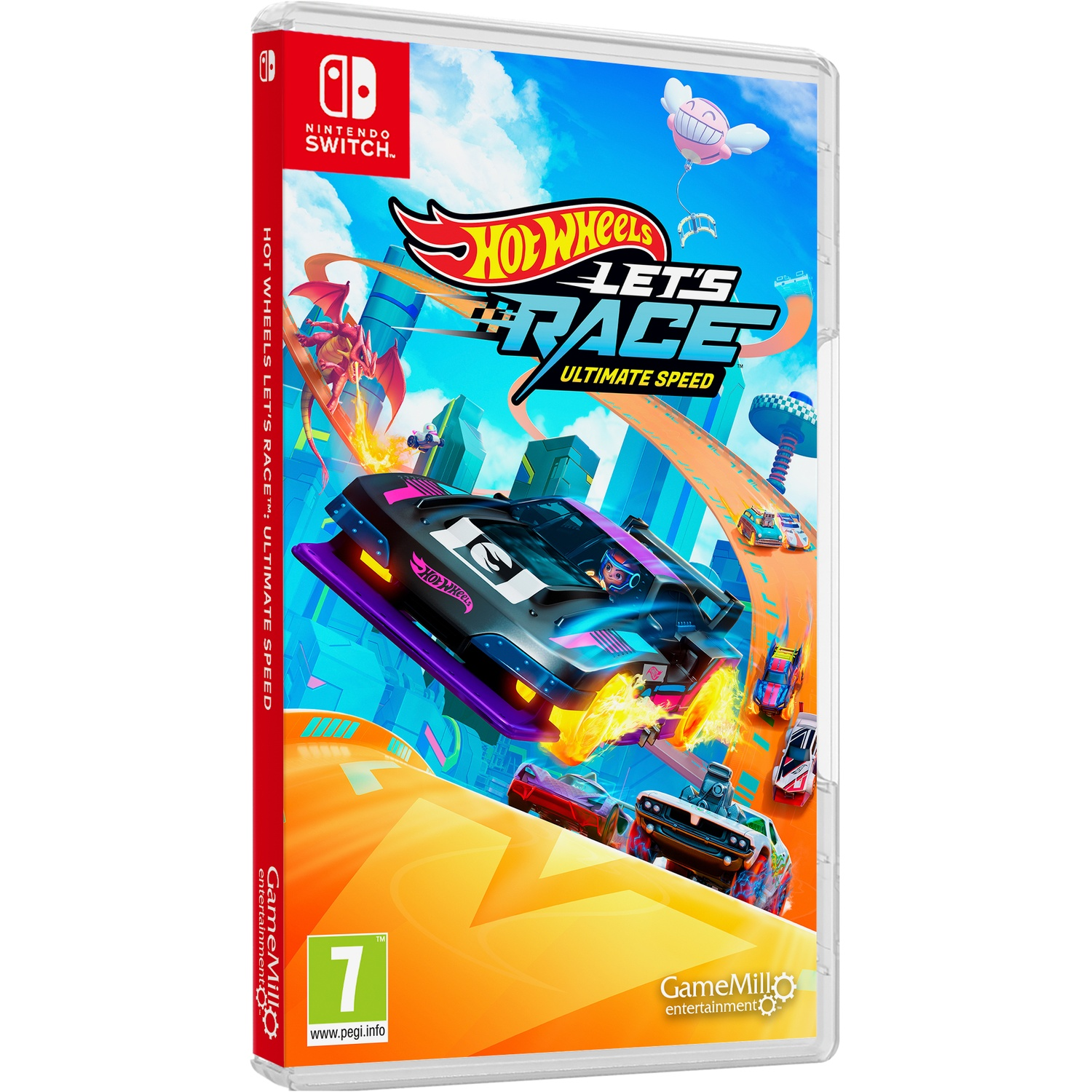 Hot Wheels Let's Race gamecase voor Nintendo Switch. Toont auto's die racen op een circuit, met de titel en het logo van de game.