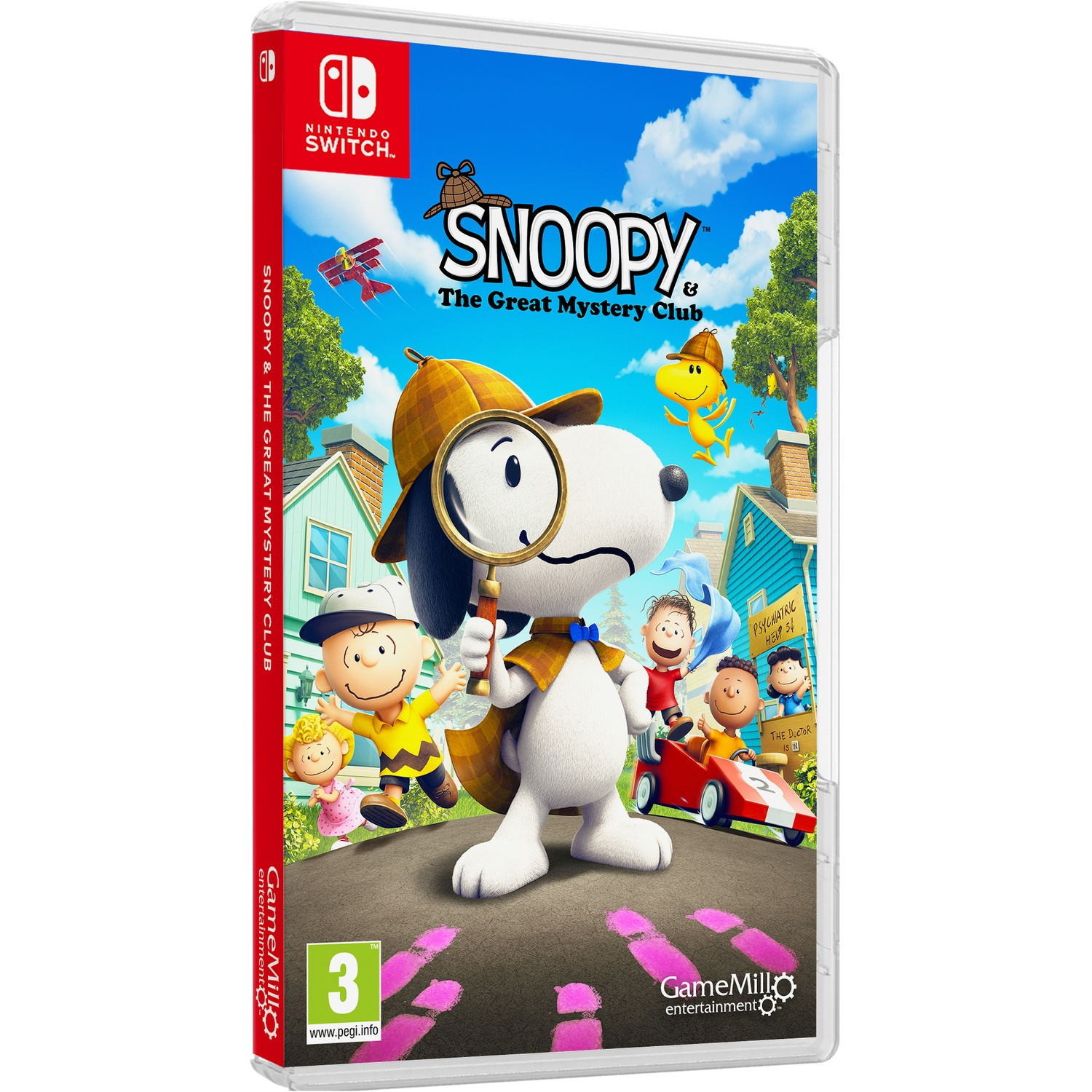 Snoopy en vrienden op een speldoos. Snoopy houdt een vergrootglas vast. De titel is Snoopy & The Great Mystery Club.