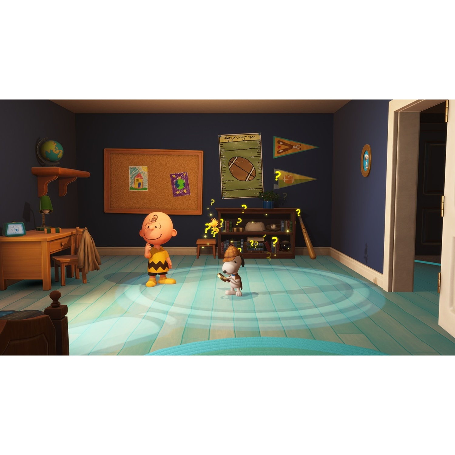 Charlie Brown en Snoopy in een kamer. Een prikbord, bureau, honkbalknuppel en voetbalvlaggen op de achtergrond. Vraagtekens zweven.