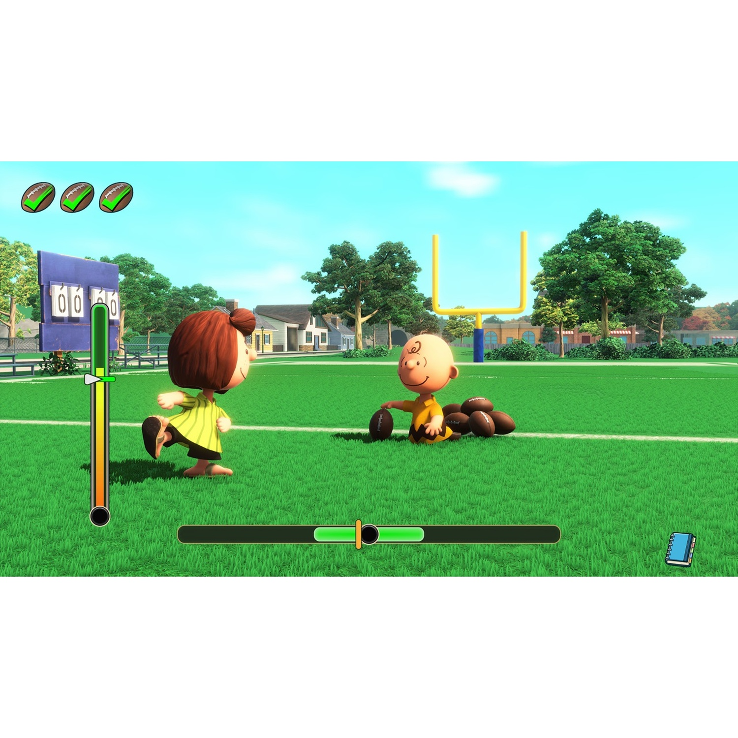 Een cartoonscene van kinderen die voetballen. De één schopt de bal, de ander houdt hem vast. Scorebord op de achtergrond, groen veld en bomen.