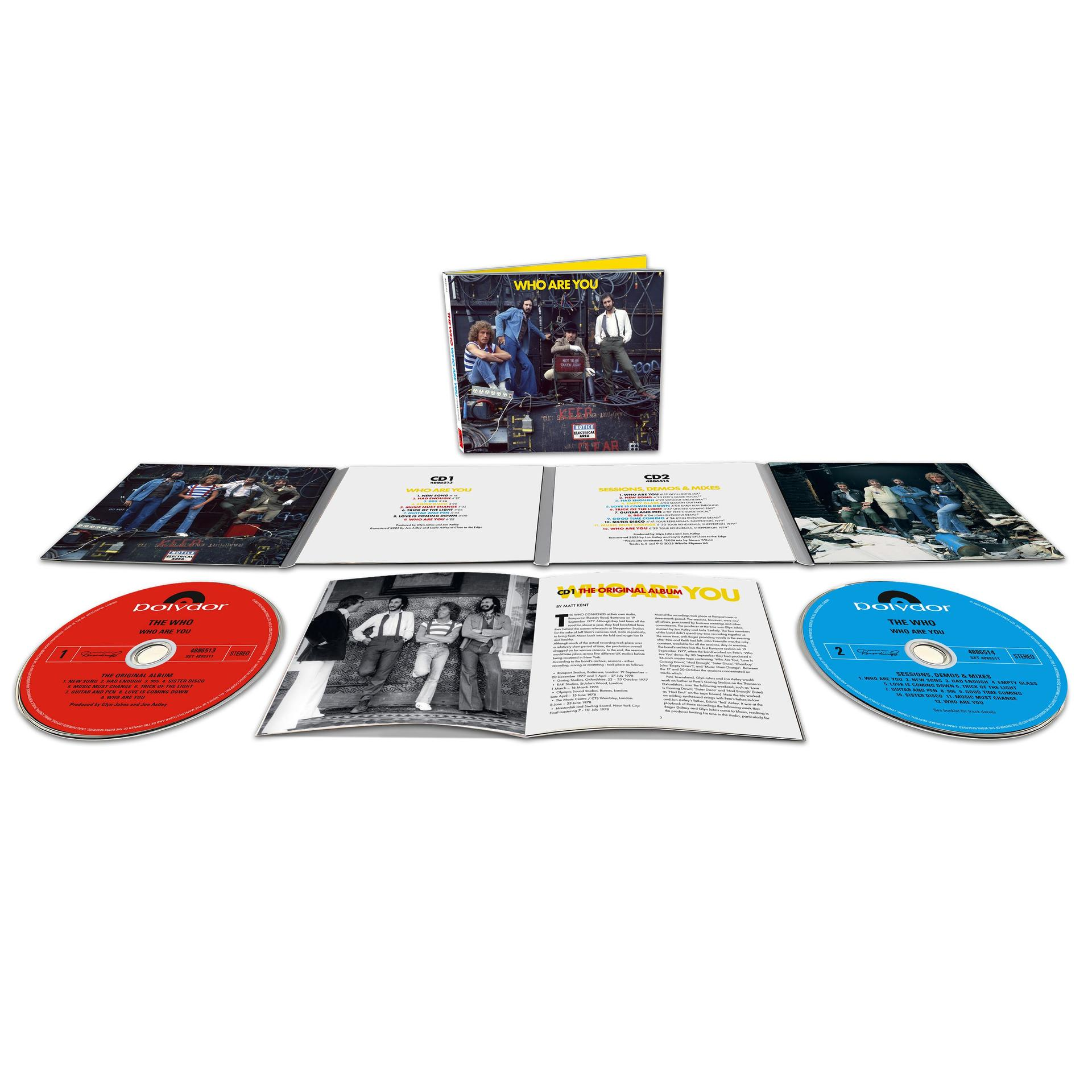 Albumhoes: The Who, 'Who Are You'. Bandleden staan voor elektrische apparatuur. Album en cd's zijn zichtbaar.