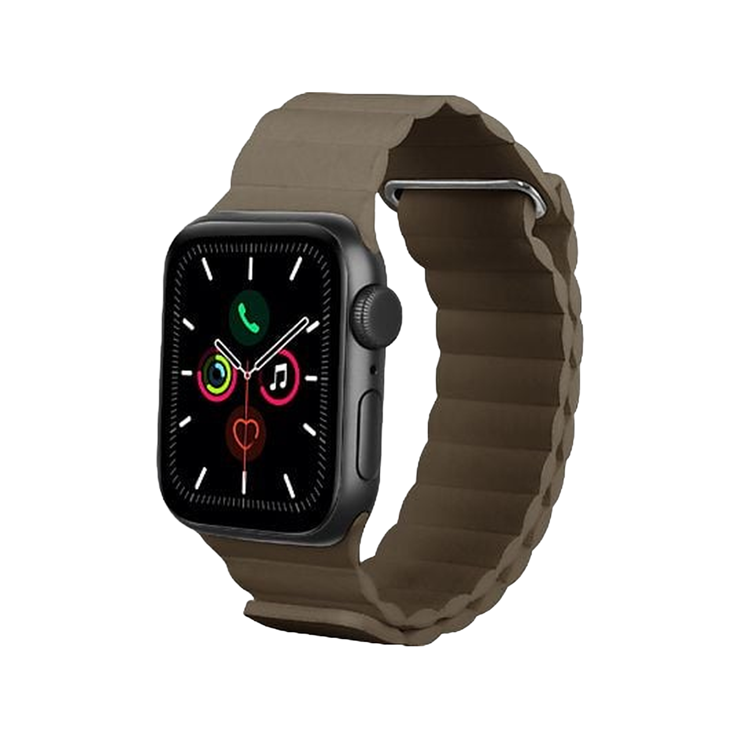 Een Apple Watch met een zwarte wijzerplaat en een bruine magnetische band wordt weergegeven tegen een witte achtergrond.