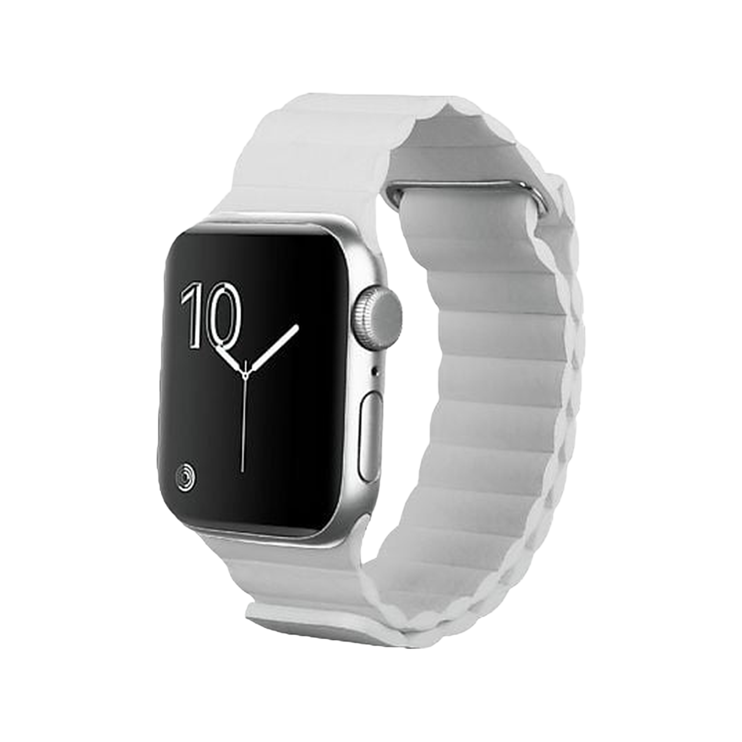 Een zilveren Apple Watch met een zwart scherm waarop de tijd 10:09 wordt weergegeven. Het heeft een witte band.