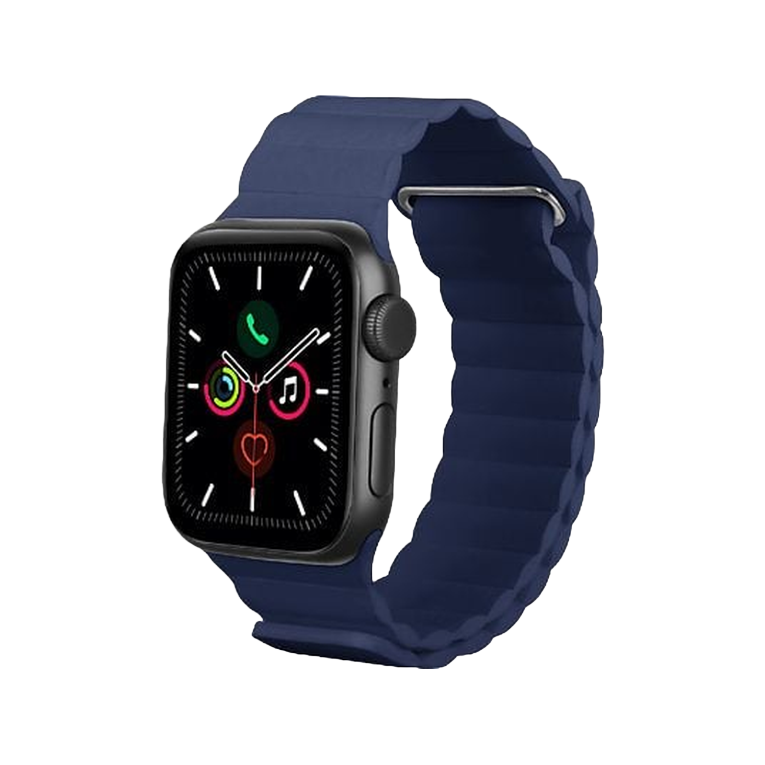 Een zwarte smartwatch met een blauwe magnetische band. De wijzerplaat toont pictogrammen. Geïsoleerd op een witte achtergrond.