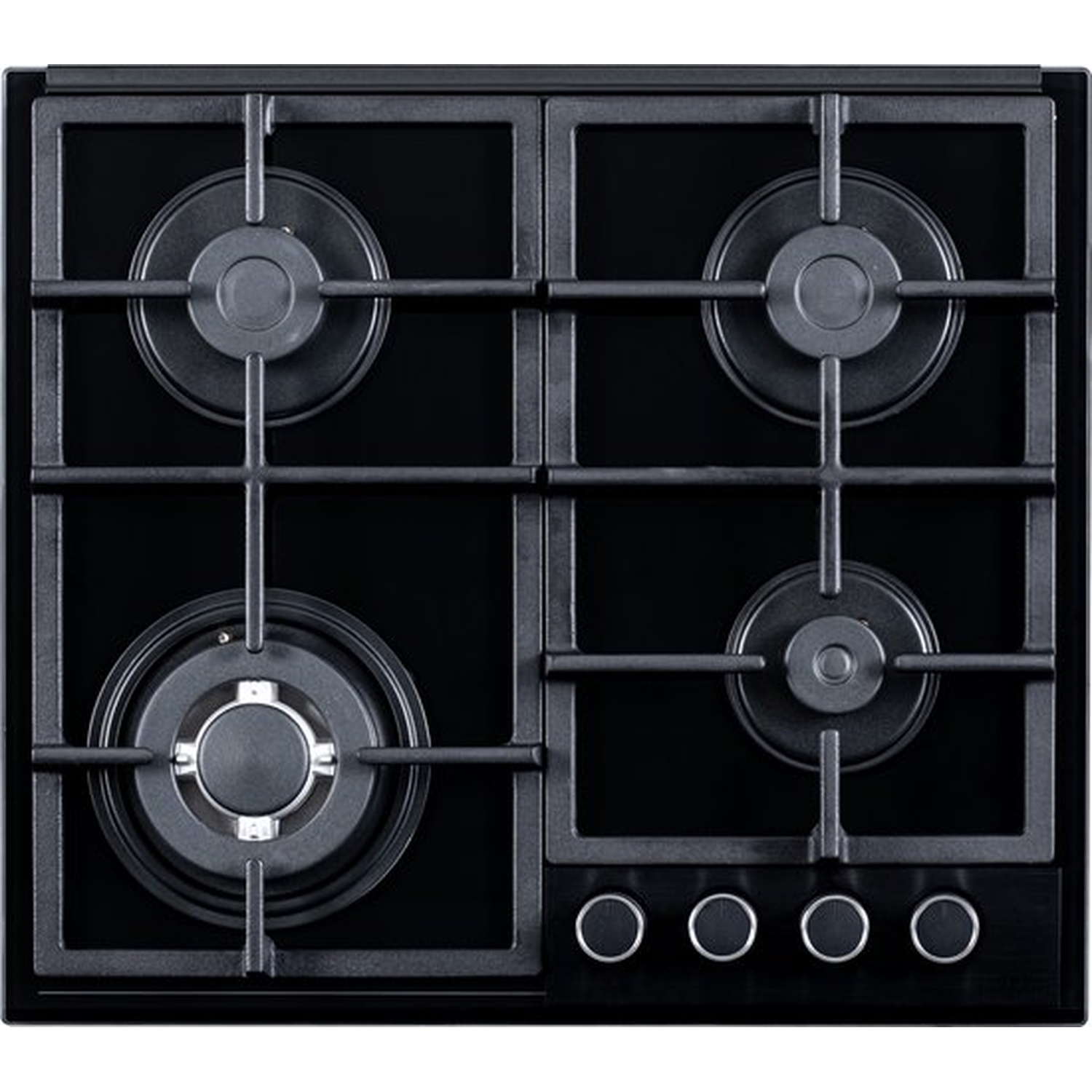 A black gas stove with four burners, a black grid, and four control knobs.