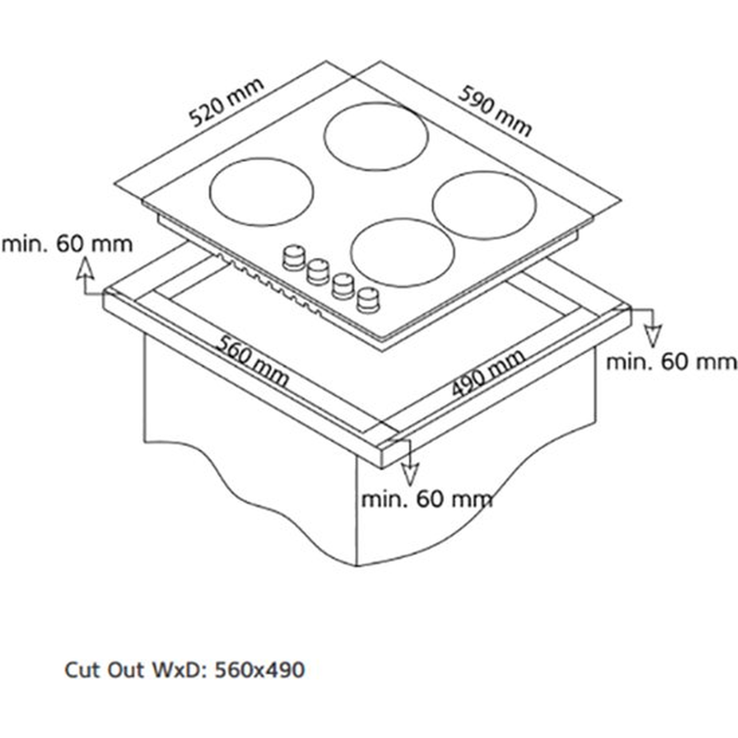 Diagram of a cooktop with dimensions: 520x590 mm. It has four circular burners and a control panel, showing cutout dimensions.