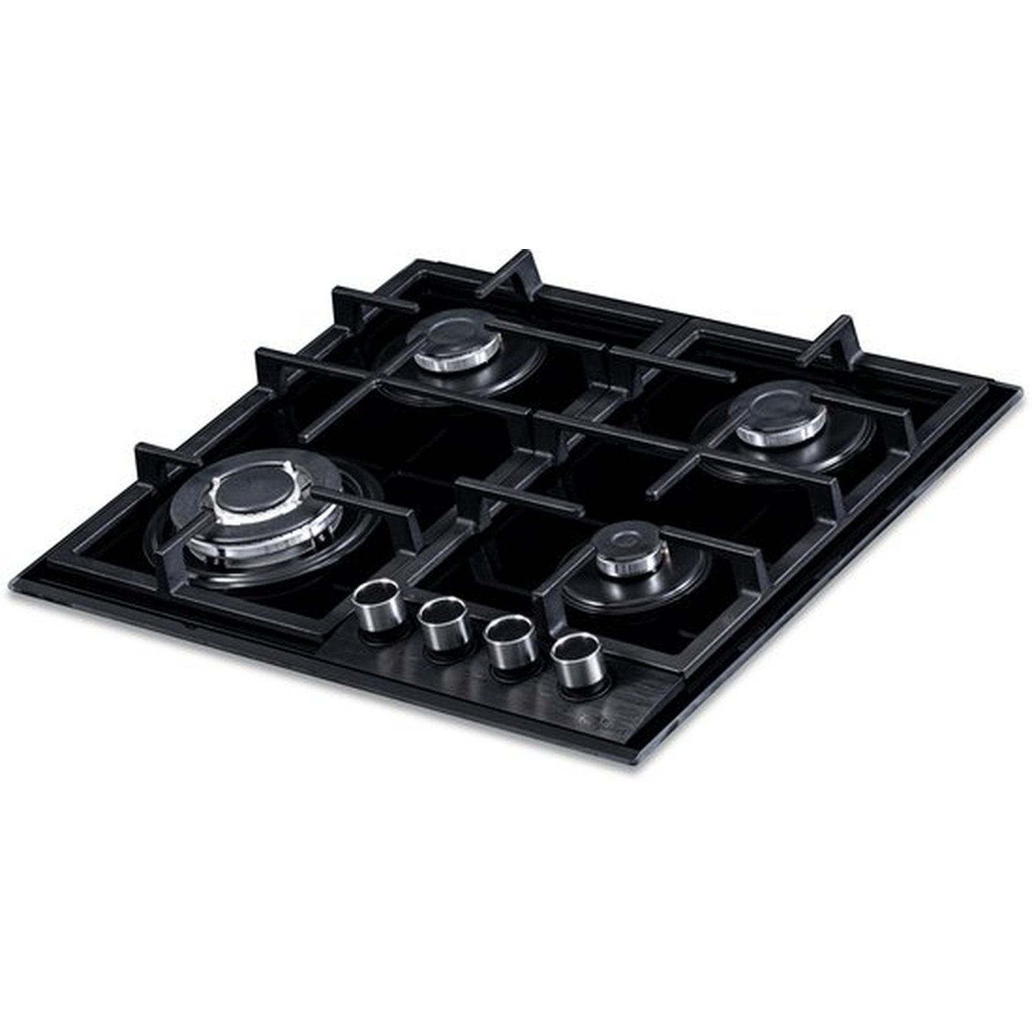 A black gas stove with four burners and silver control knobs. The cooktop is on a white background.