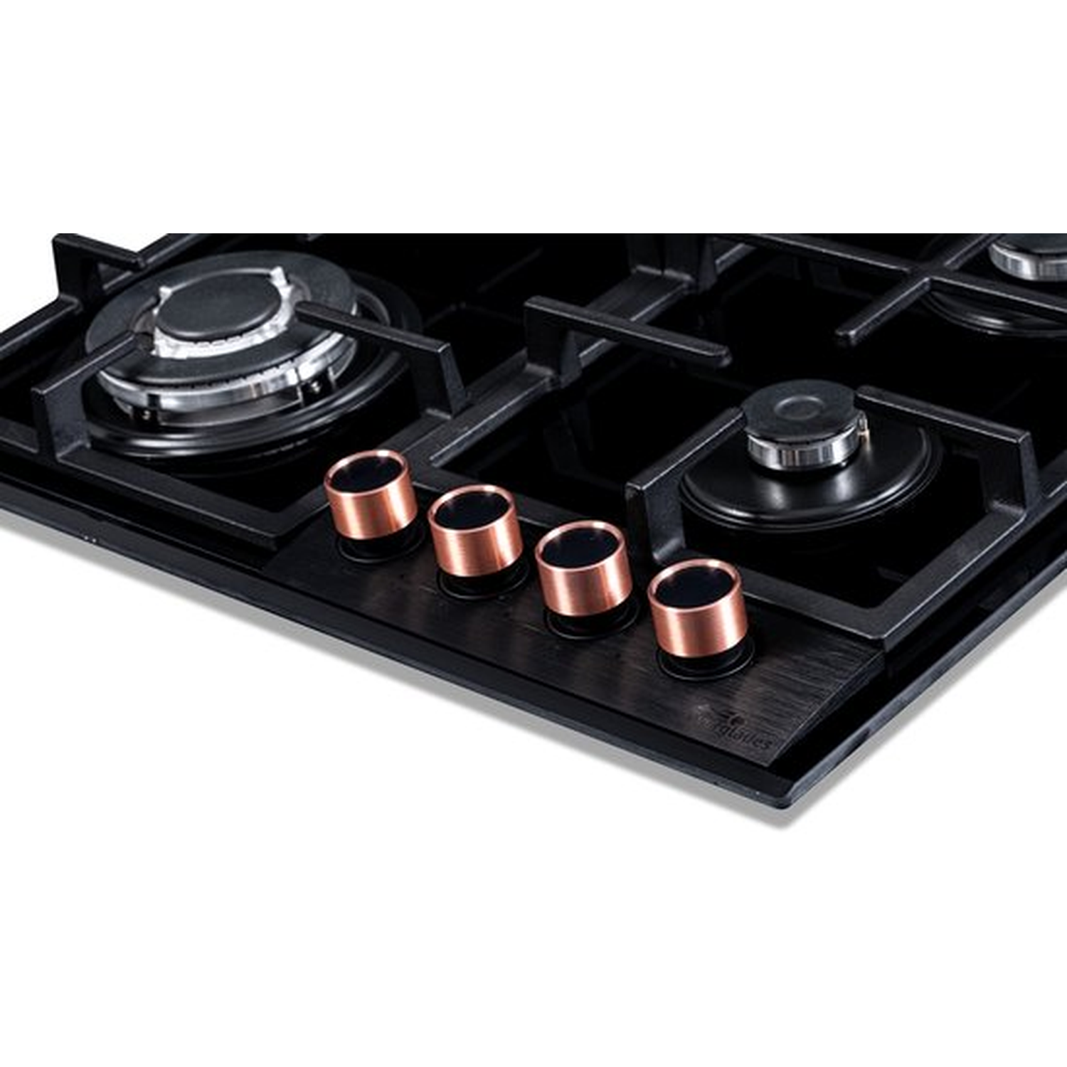 Close-up of a black gas stove with copper-colored knobs. Four burners are visible, with a shiny surface and a white background.