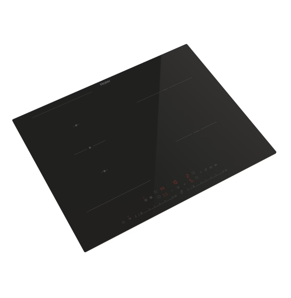 Fekete Haier indukciós főzőlap. Négy főzőfelület látható. A digitális kijelző piros számokat mutat. Vezérlőpanel alul.
