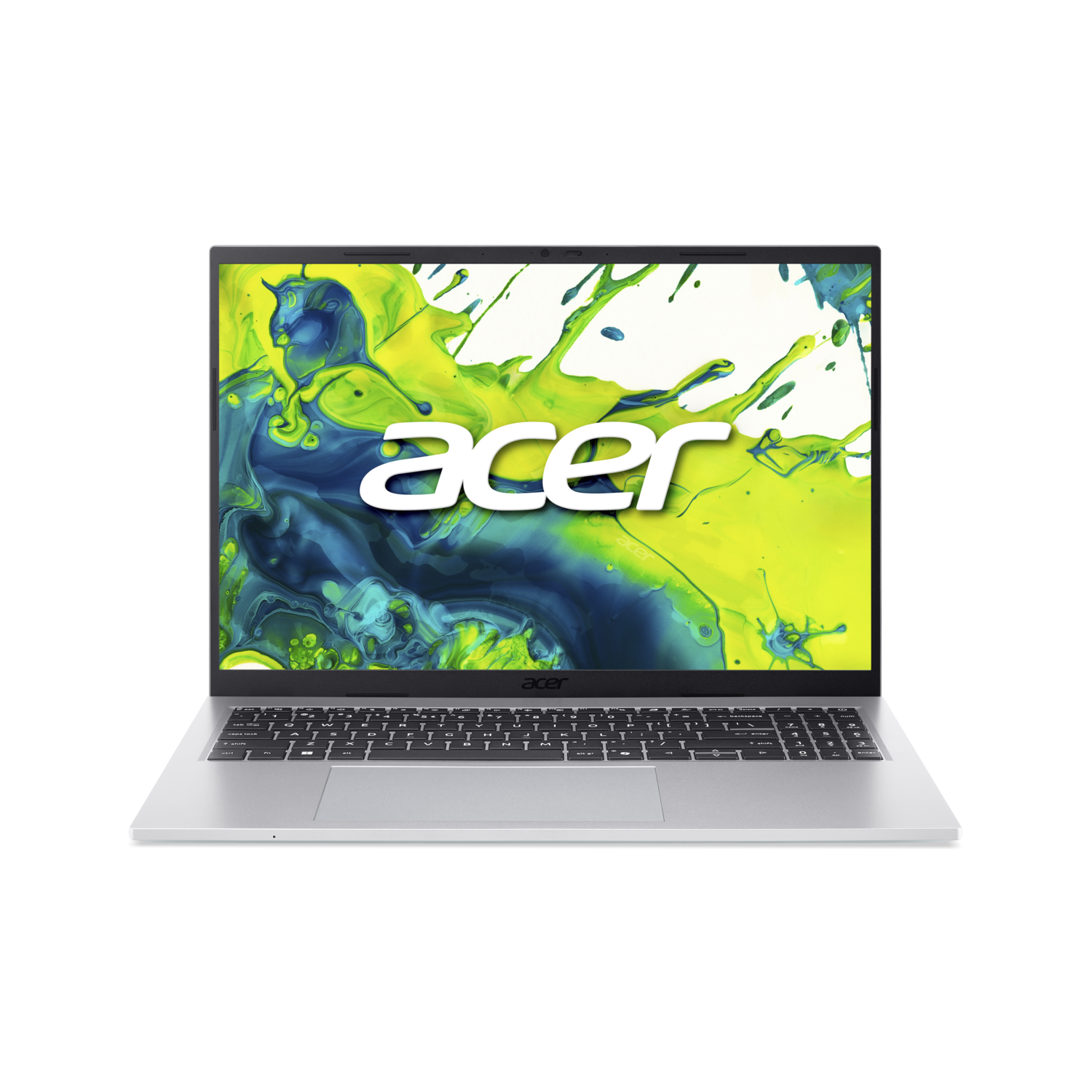 Een zilveren Acer-laptop is open. Het scherm toont een kleurrijke splash met het Acer-logo. De achtergrond is zwart.