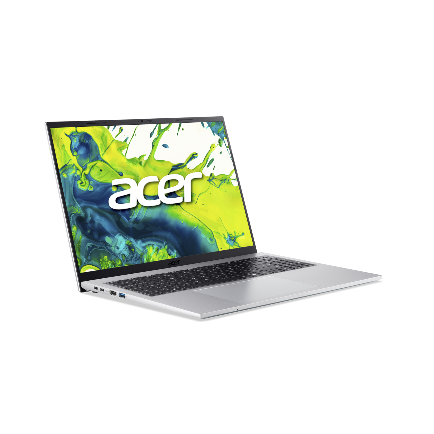 Zilveren Acer laptop op zwarte achtergrond. Scherm toont kleurrijke splash art met het Acer logo.
