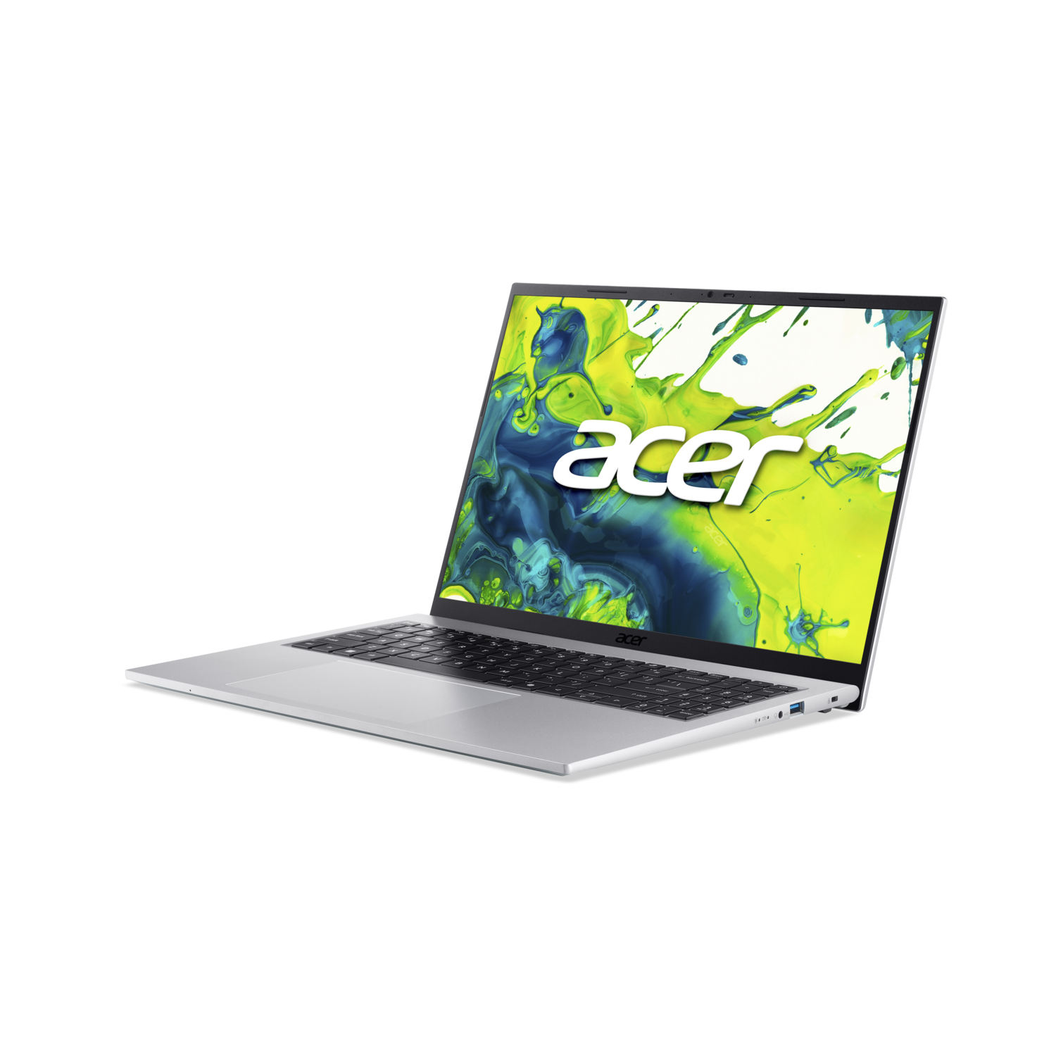 Een zilveren Acer-laptop is opengeklapt en toont een kleurrijke abstracte afbeelding. Het scherm staat schuin en toont het toetsenbord en de poorten.