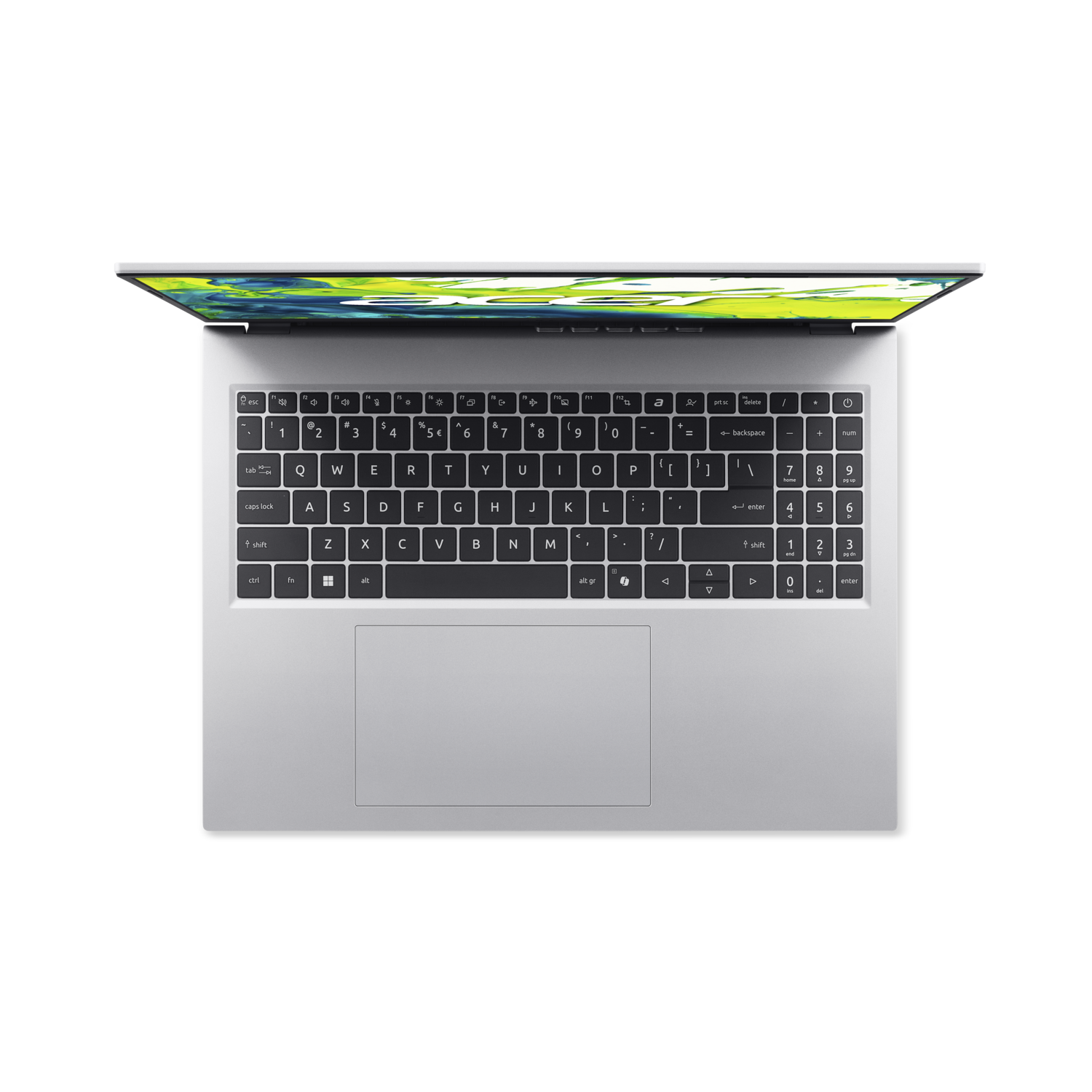 Bovenaanzicht van een zilveren laptop op een zwarte achtergrond. Het scherm is open en het toetsenbord is zichtbaar.