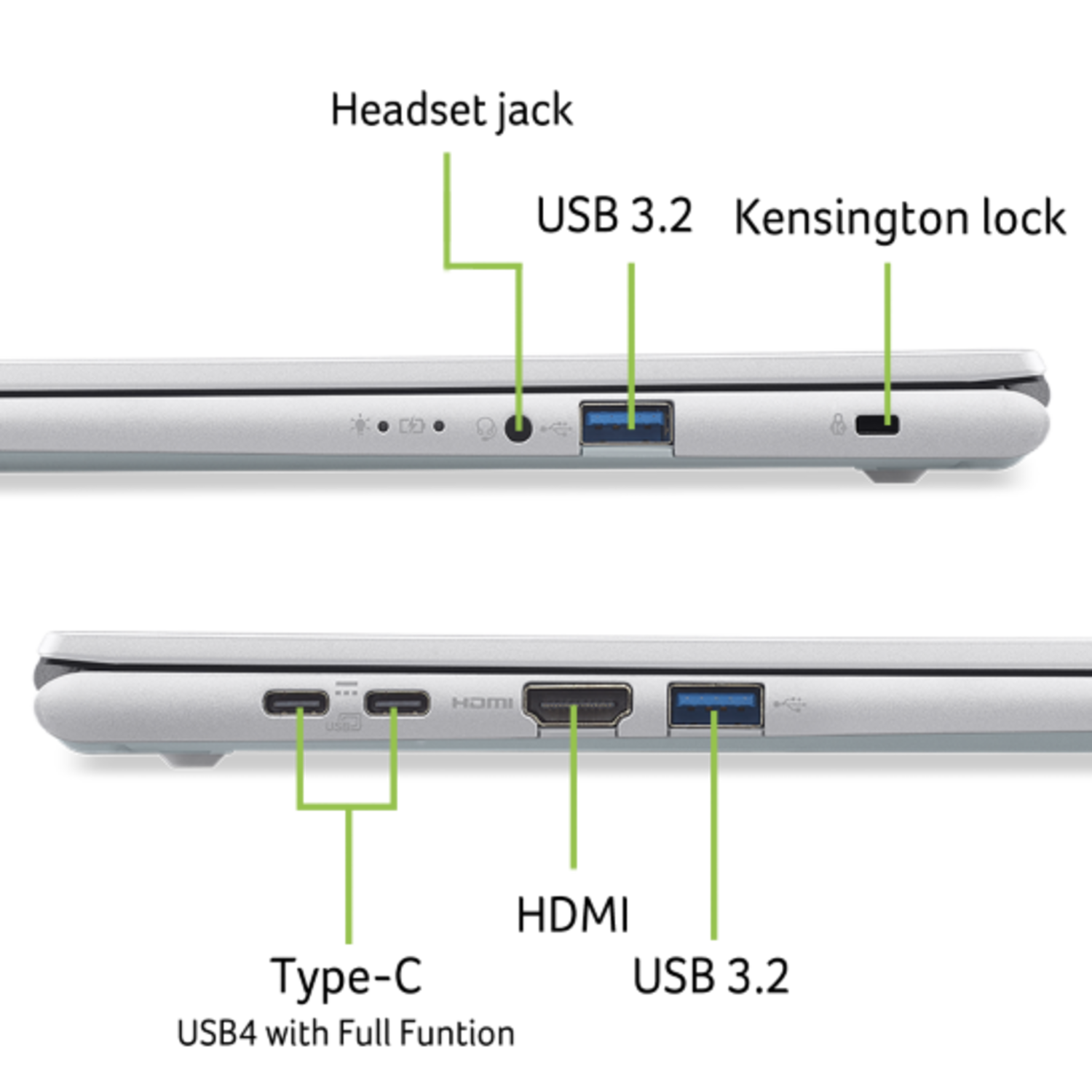 Twee aanzichten van de zijkant van een laptop, met poorten zoals USB, HDMI en een audio-aansluiting, samen met een oplaadpoort. De laptop is zilver.