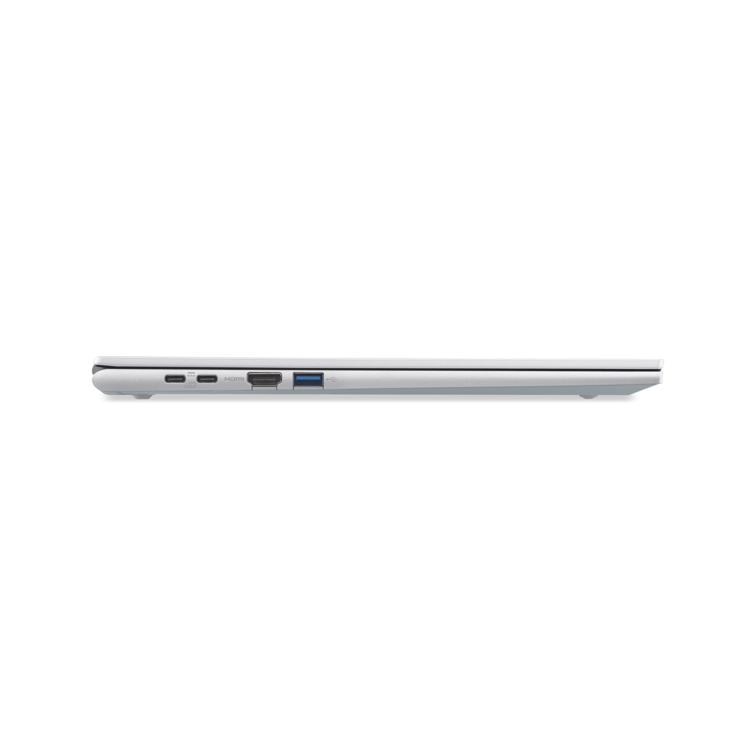 Zijprofiel van een witte laptop tegen een zwarte achtergrond. Zichtbare poorten: USB, HDMI en oplaadpoorten.
