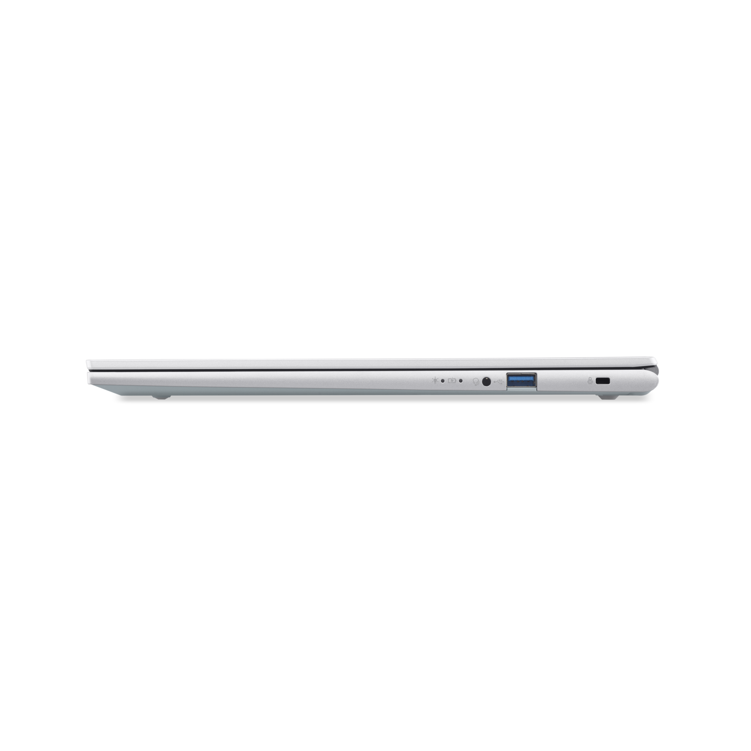 Zijaanzicht van een zilveren laptop tegen een zwarte achtergrond. Zichtbare poorten zijn onder meer USB en stroomingang. De laptop is gesloten.