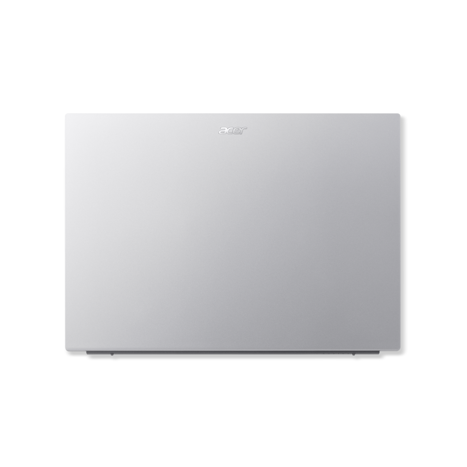 Een zilveren Acer laptop op een zwarte achtergrond. De klep van de laptop is gesloten en het Acer logo is zichtbaar.