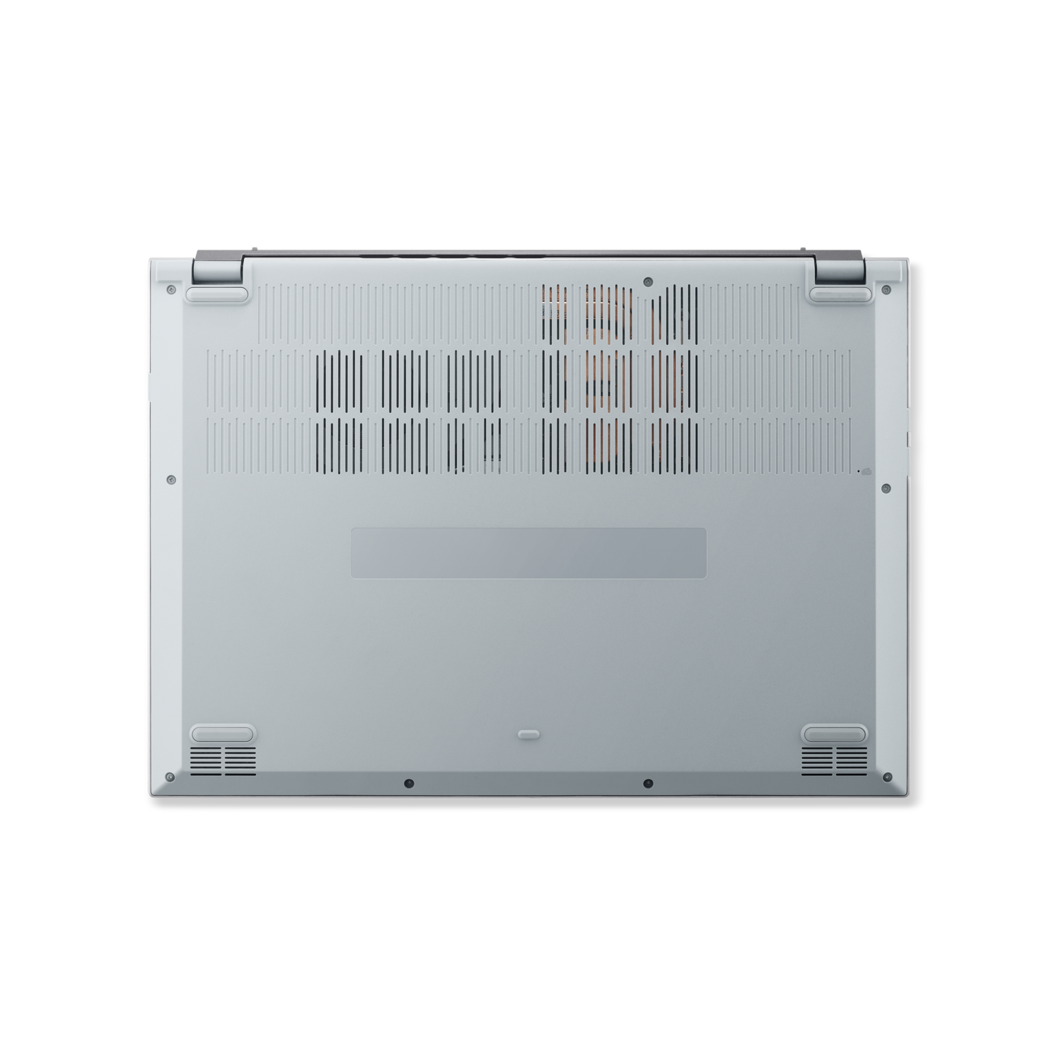 Onderkant van een lichtgrijze laptop. Voorzien van ventilatieopeningen, schroeven en een rechthoekig paneel. Op zwarte achtergrond.