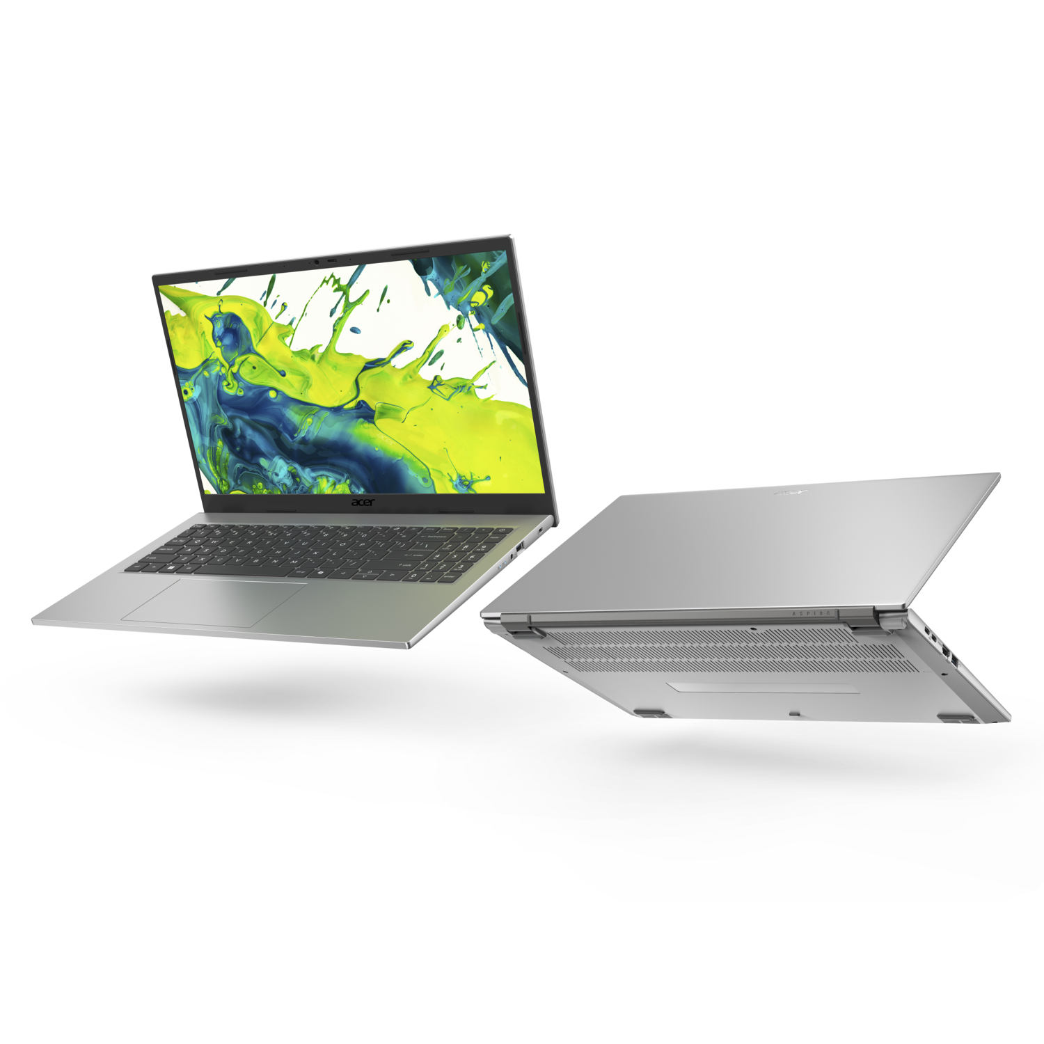 Twee zilveren laptops op een zwarte achtergrond. Eén is open, met een kleurrijk scherm. De andere is dicht, met de onderkant.