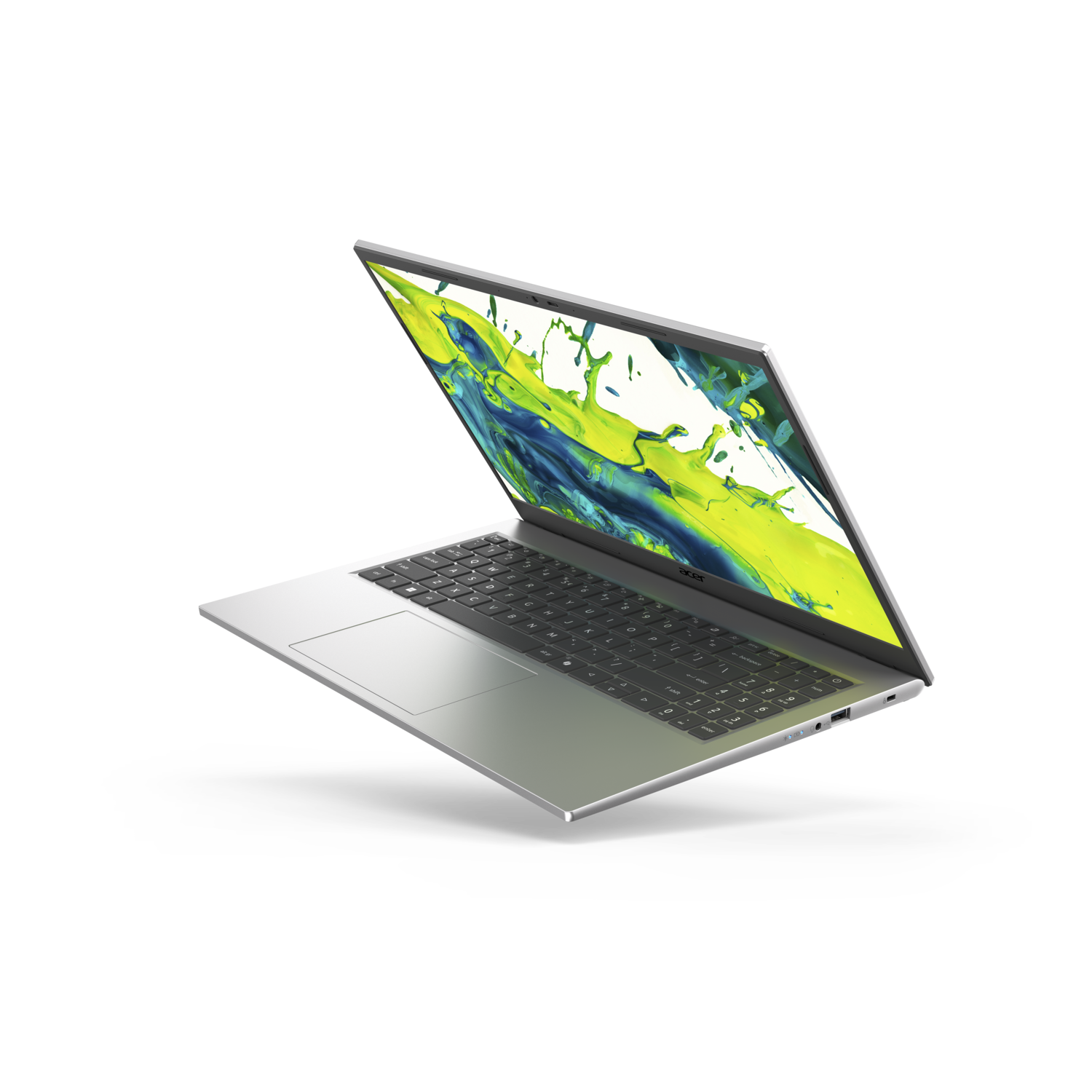 Zilveren laptop op zwarte achtergrond. Scherm toont abstracte groene en gele kleuren. Toetsenbord en touchpad zijn zichtbaar.