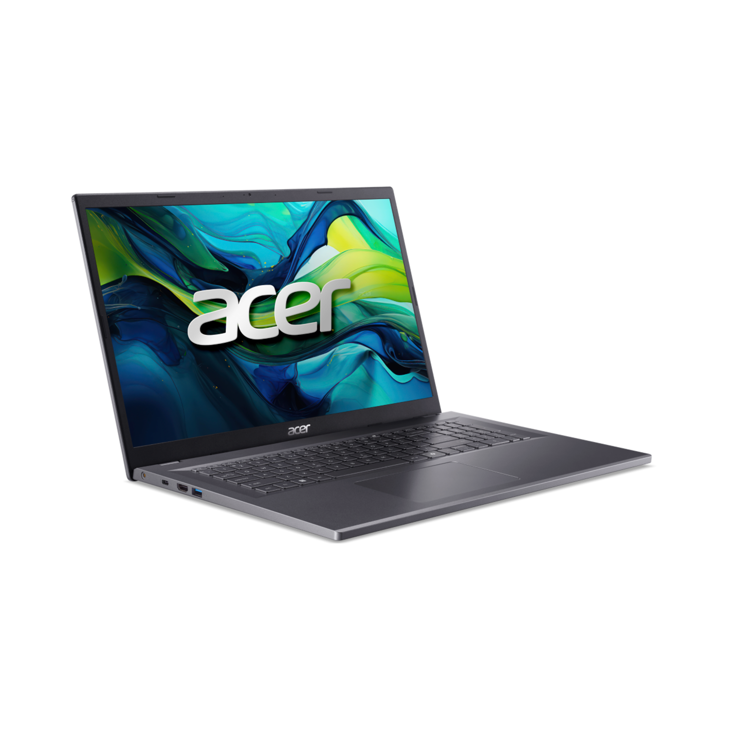 A gray Acer laptop is open on a black background. The screen shows a colorful abstract design. The Acer logo is visible.