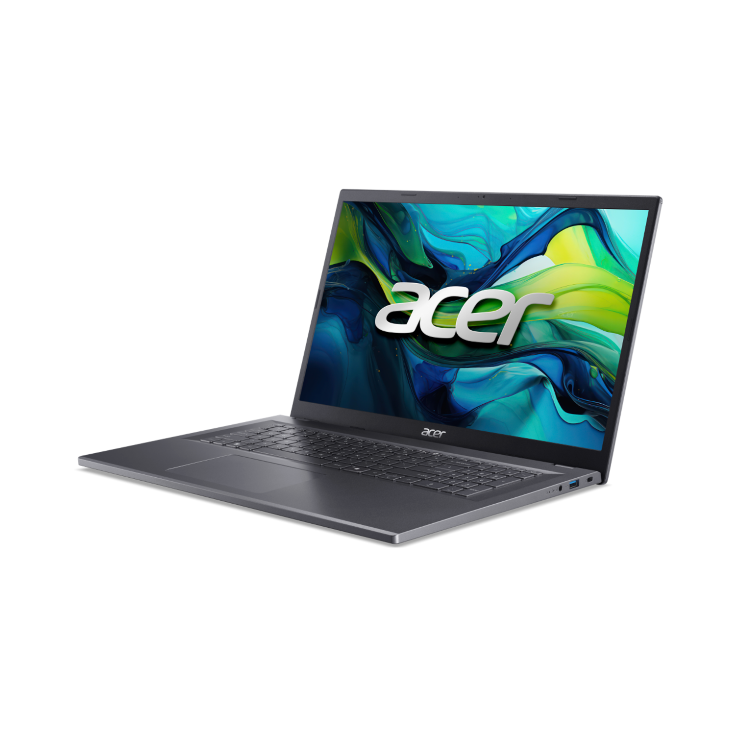 A gray Acer laptop on a black background. The screen displays a colorful abstract image with the Acer logo.