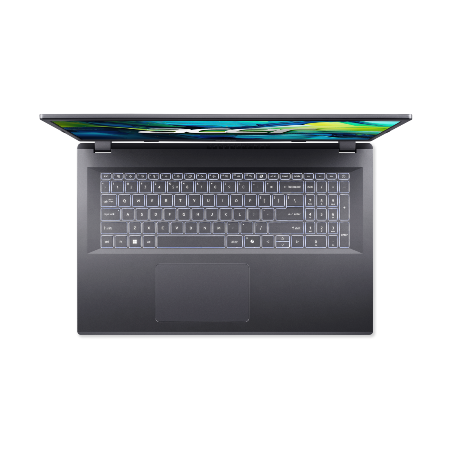 Top-down view of a grey laptop on a black background. The screen is open, displaying a colorful image. The keyboard is illuminated.
