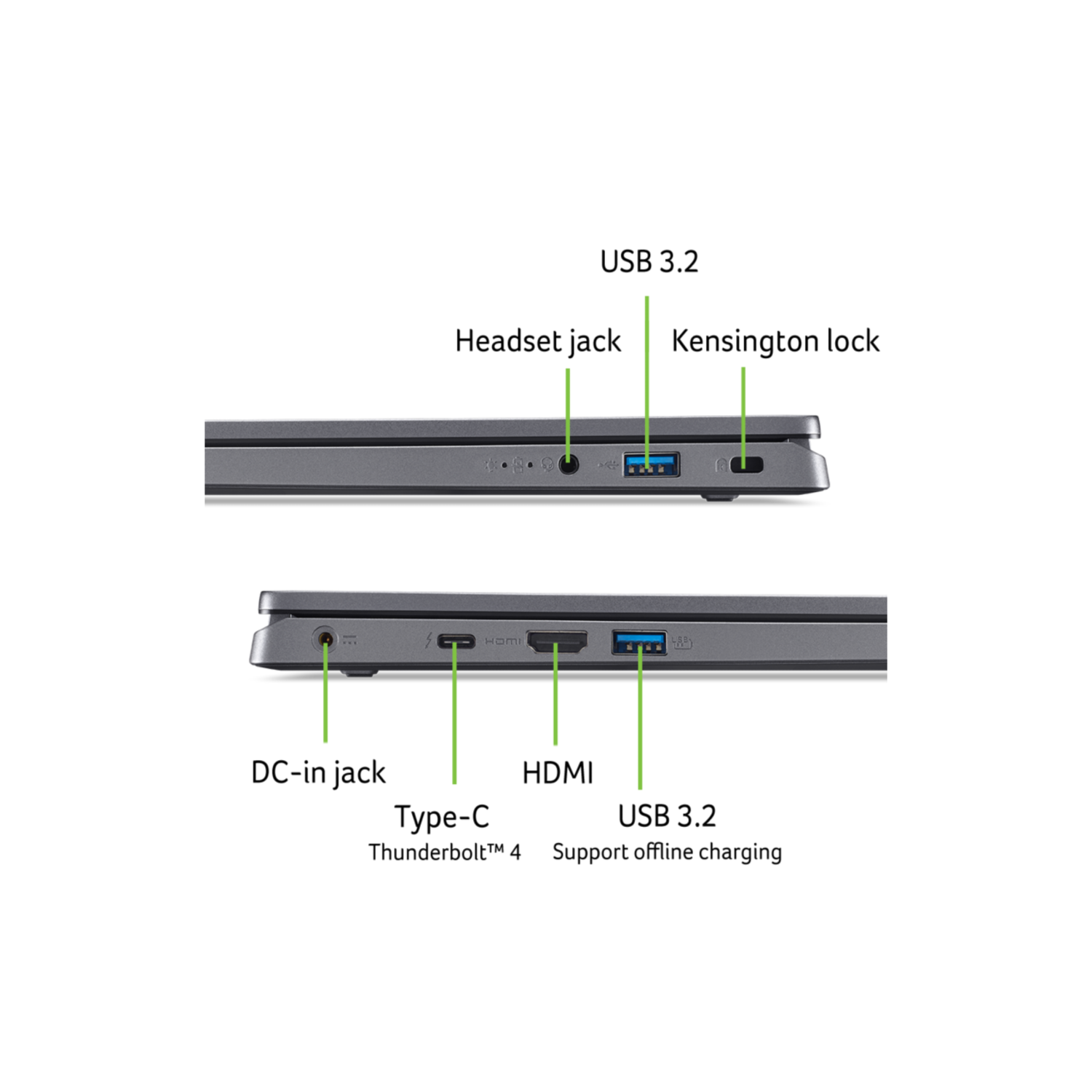 Two gray laptops with various ports, including USB, HDMI, and Thunderbolt, are displayed against a black background.