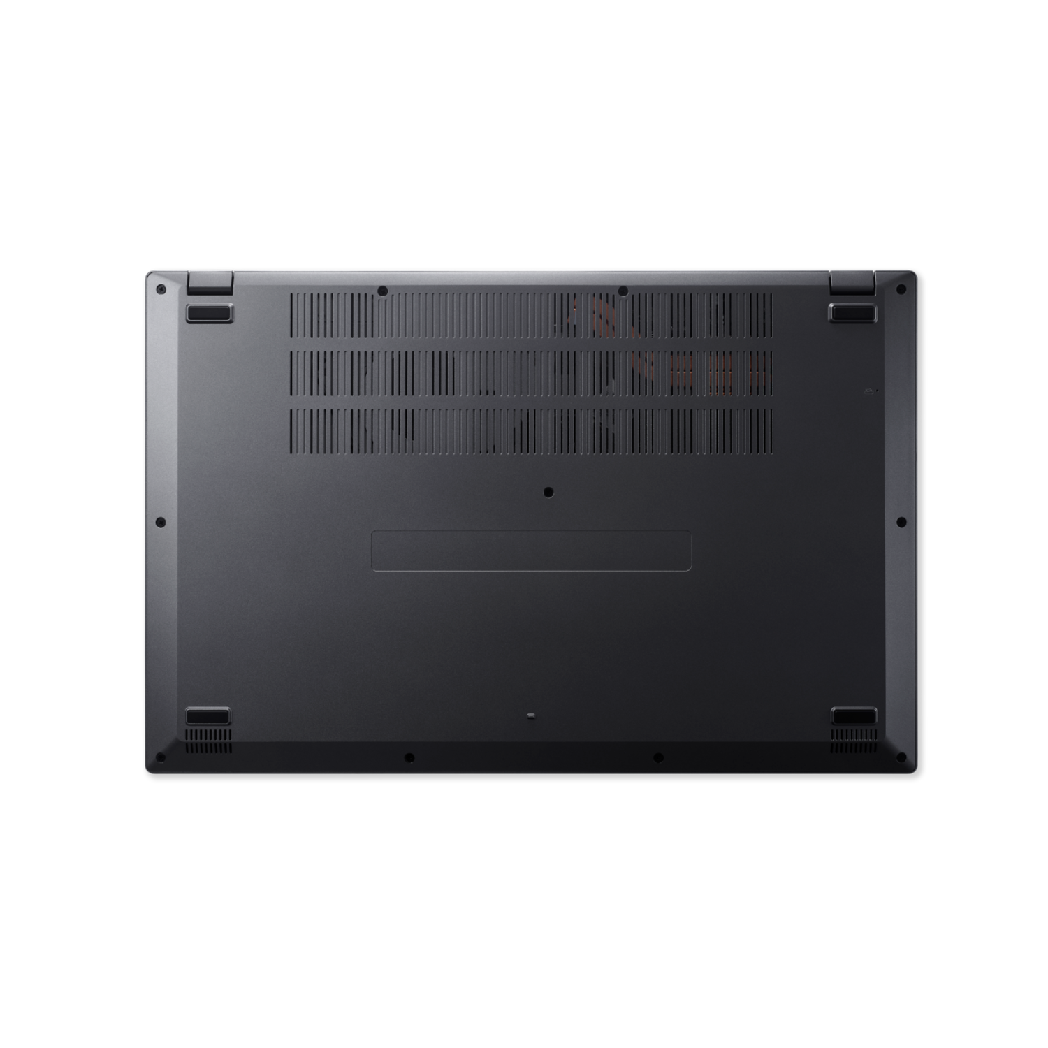 Bottom of a dark gray laptop against a black background. Visible are vents, screws, and a rectangular access panel.