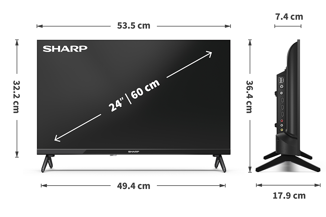 Egy fekete Sharp TV méretekkel. 24 hüvelykes, állvánnyal, oldalsó és elülső nézetekkel, méretekkel.
