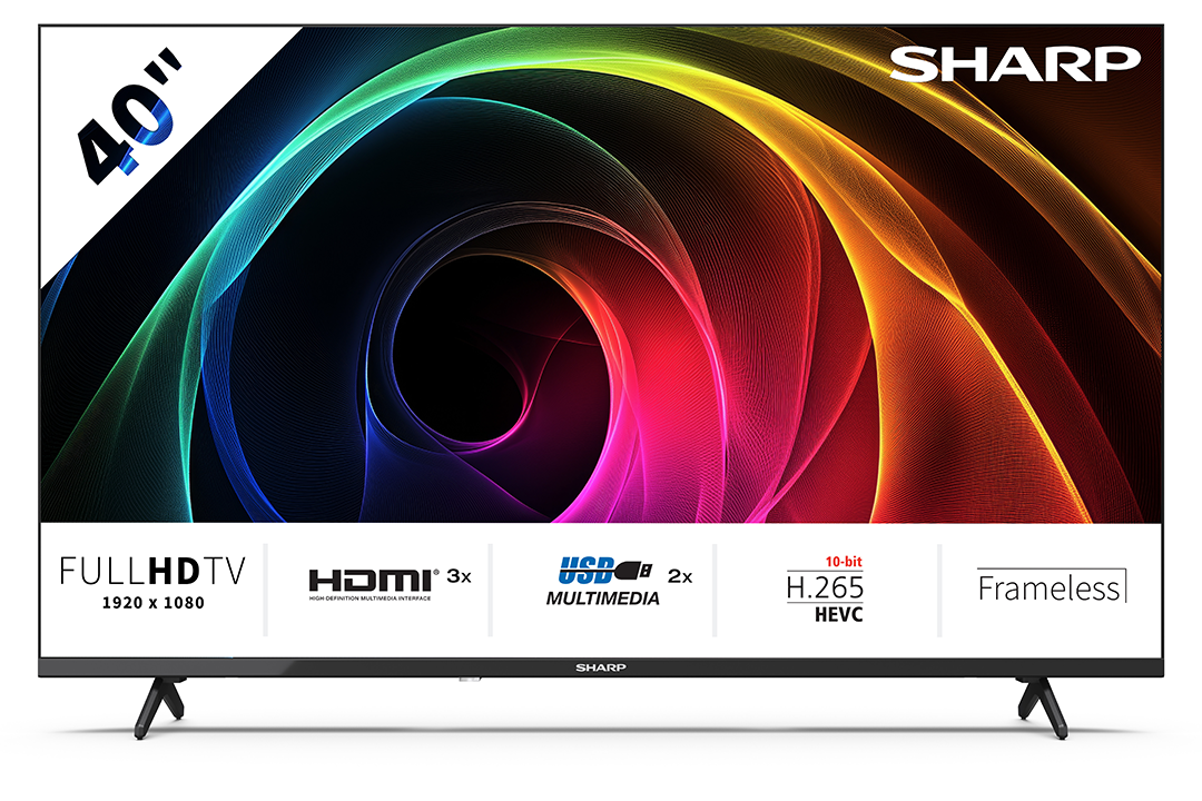 Egy Sharp 40 hüvelykes Full HD TV színes, örvénylő absztrakt dizájnnal a képernyőn. Jellemzői: HDMI, USB és keret nélküli kialakítás.