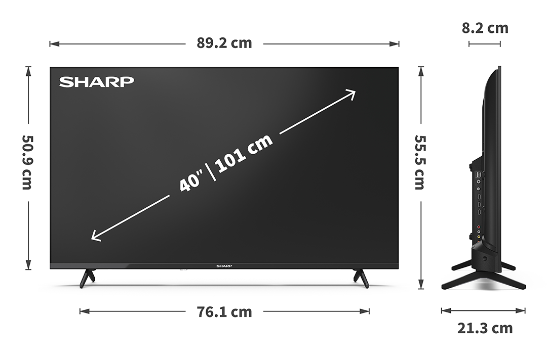Egy fekete Sharp 40" TV. Méretek: 89,2 cm széles, 50,9 cm magas, 8,2 cm vastag. Állvánnyal és oldalsó nézettel.
