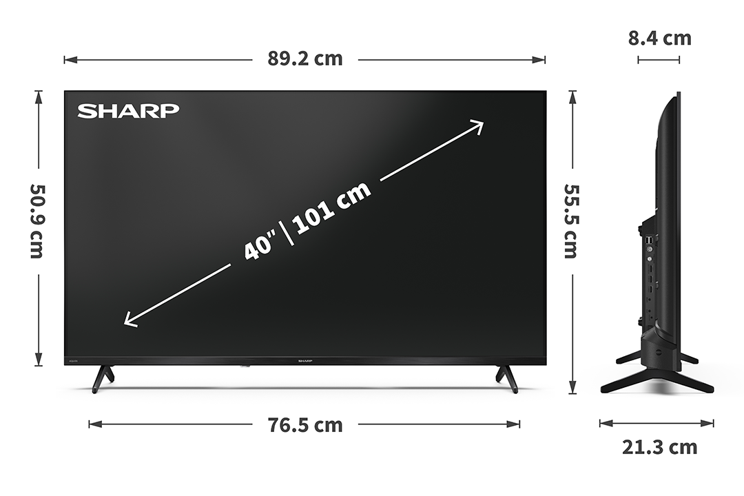 Egy fekete Sharp TV méretekkel. A képernyő 40 hüvelykes. A méretek 89,2 cm széles, 50,9 cm magas és 8,4 cm vastag.