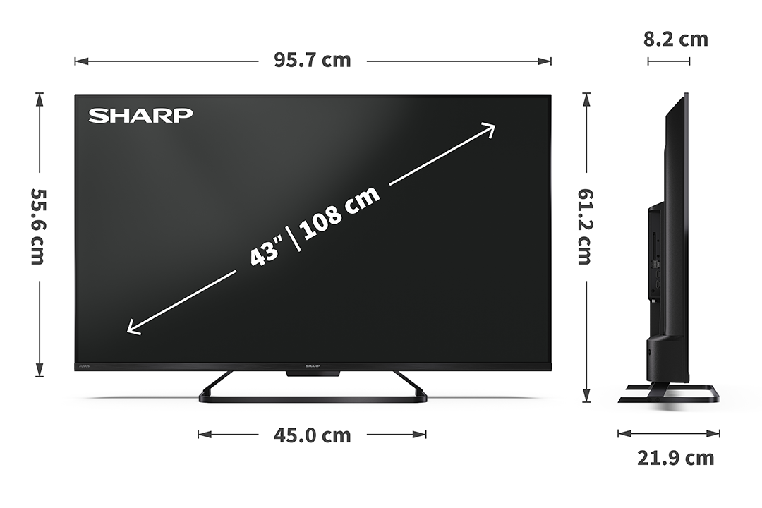Egy fekete Sharp 43 hüvelykes TV méretekkel. Van egy állványa. Magassági és szélességi méretek vannak megadva.