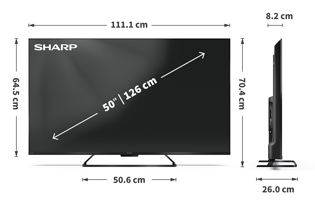 Egy fekete Sharp TV látható, méretekkel és méretinformációkkal. A TV elülső és oldalsó nézetét mutatja.